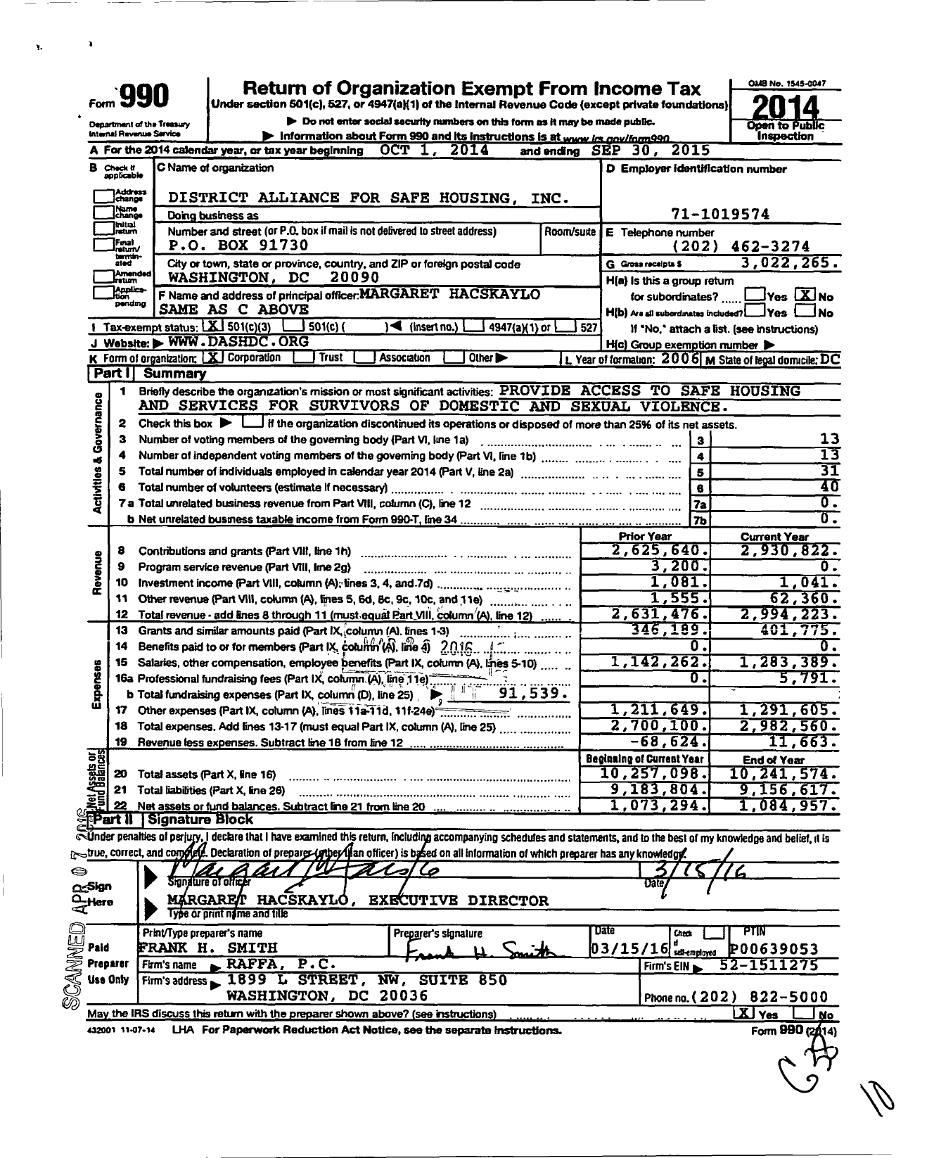 Image of first page of 2014 Form 990 for District Alliance for Safe Housing (DASH)