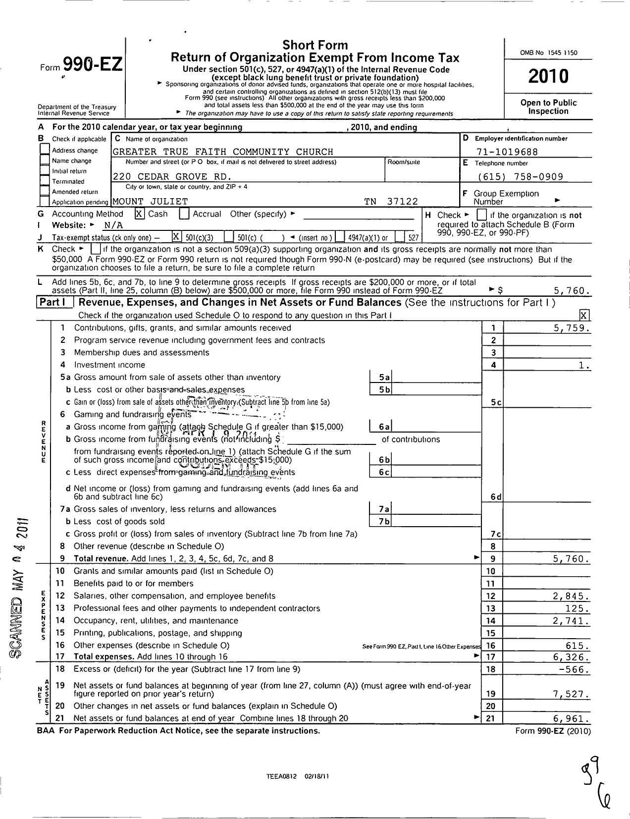 Image of first page of 2010 Form 990EZ for Greater True Faith Community Church