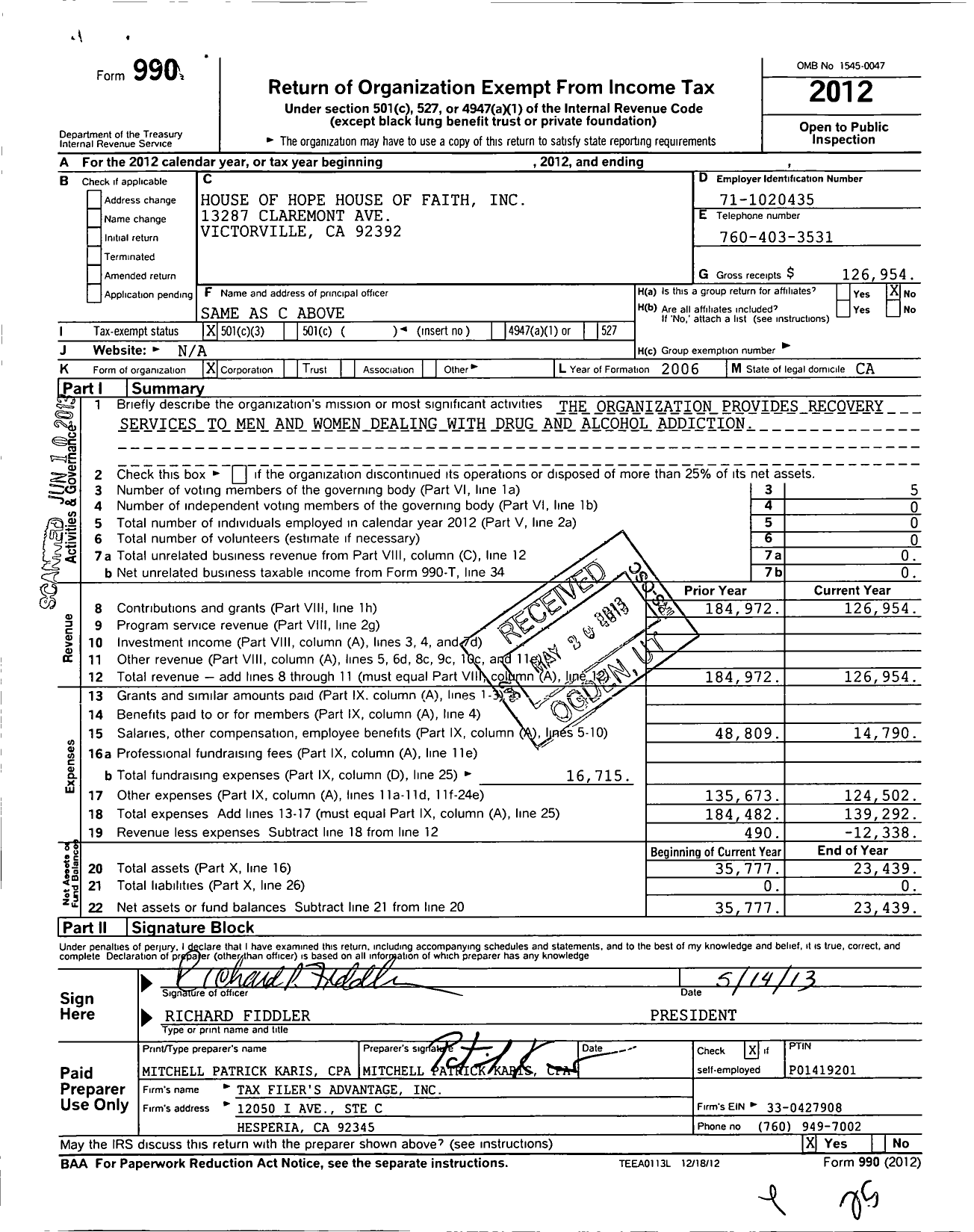 Image of first page of 2012 Form 990 for House of Hope House of Faith