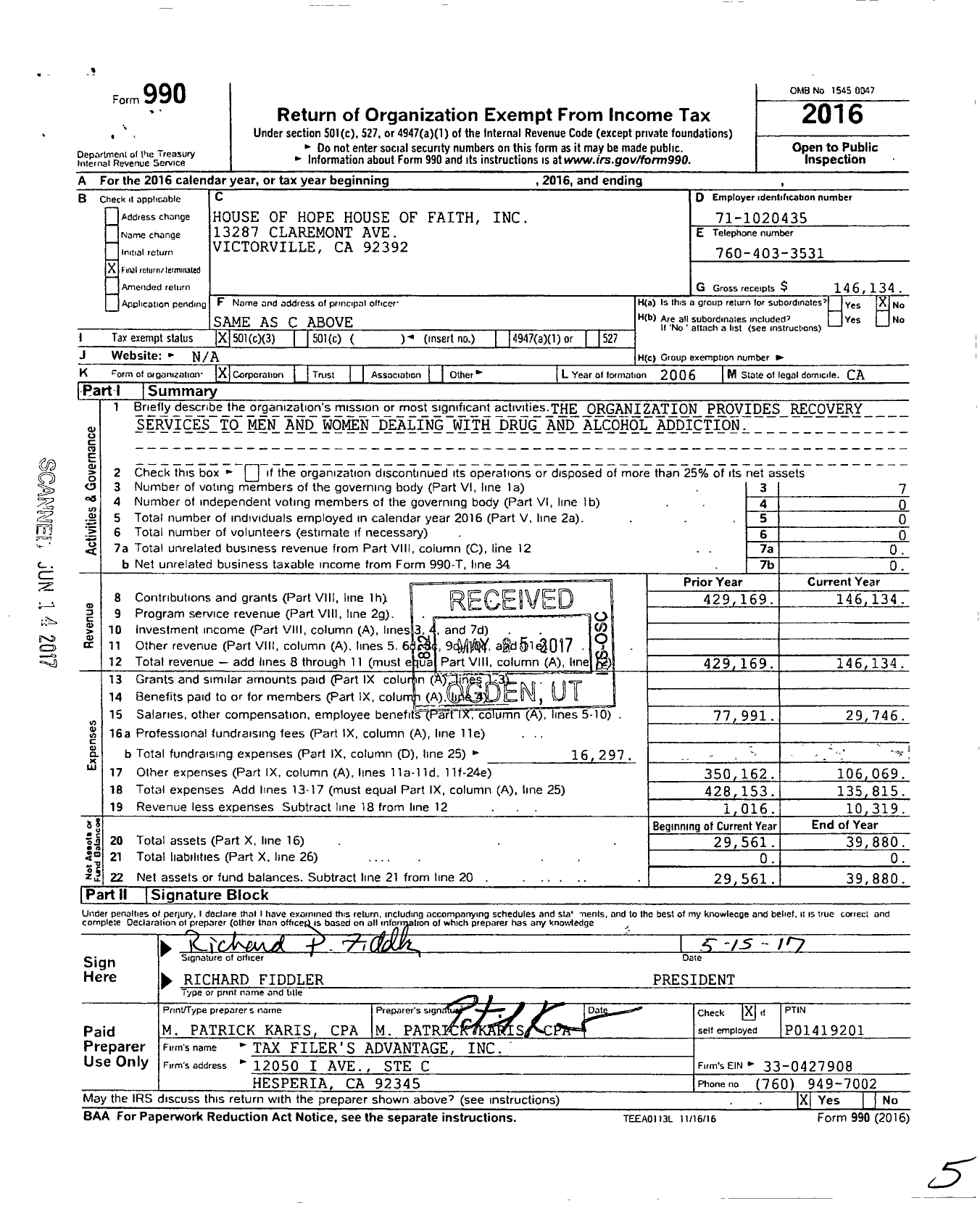 Image of first page of 2016 Form 990 for House of Hope House of Faith