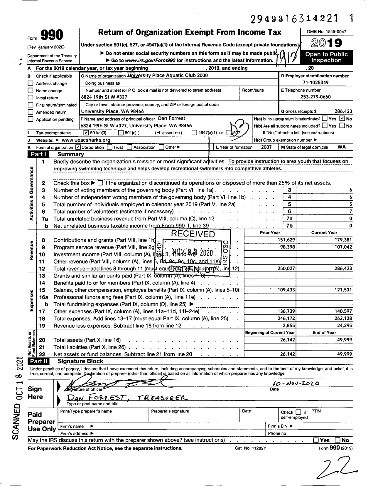 Image of first page of 2019 Form 990 for University Place Aquatic Club 2000