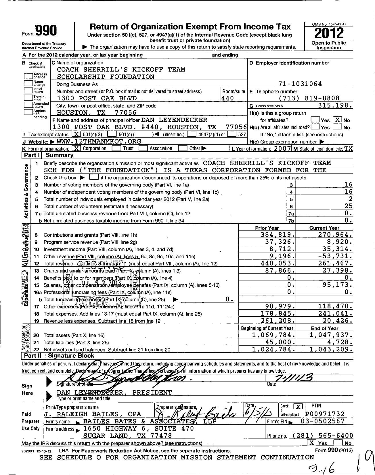 Image of first page of 2012 Form 990 for Coach Sherrill's Kickoff Team Scholarship Foundation