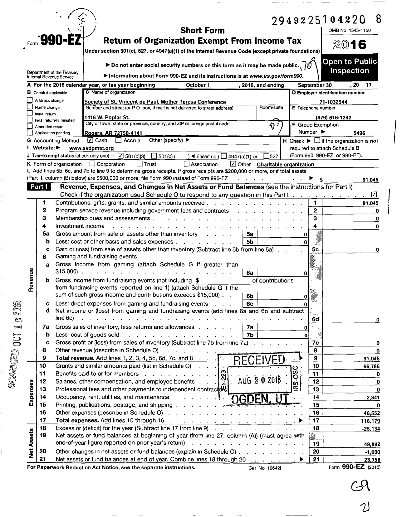 Image of first page of 2016 Form 990EZ for Society of St Vincent de Paul Mother Teresa Conference