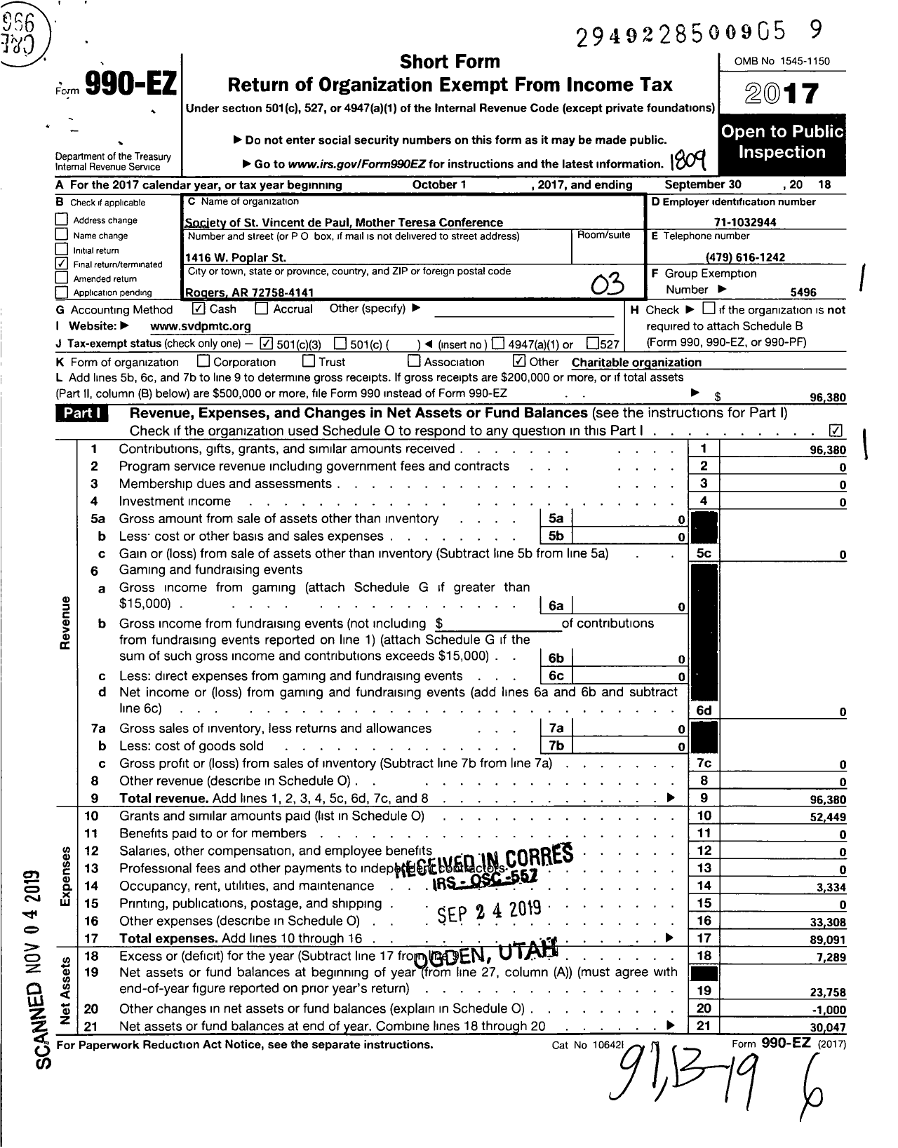 Image of first page of 2017 Form 990EZ for Society of St Vincent de Paul Mother Teresa Conference