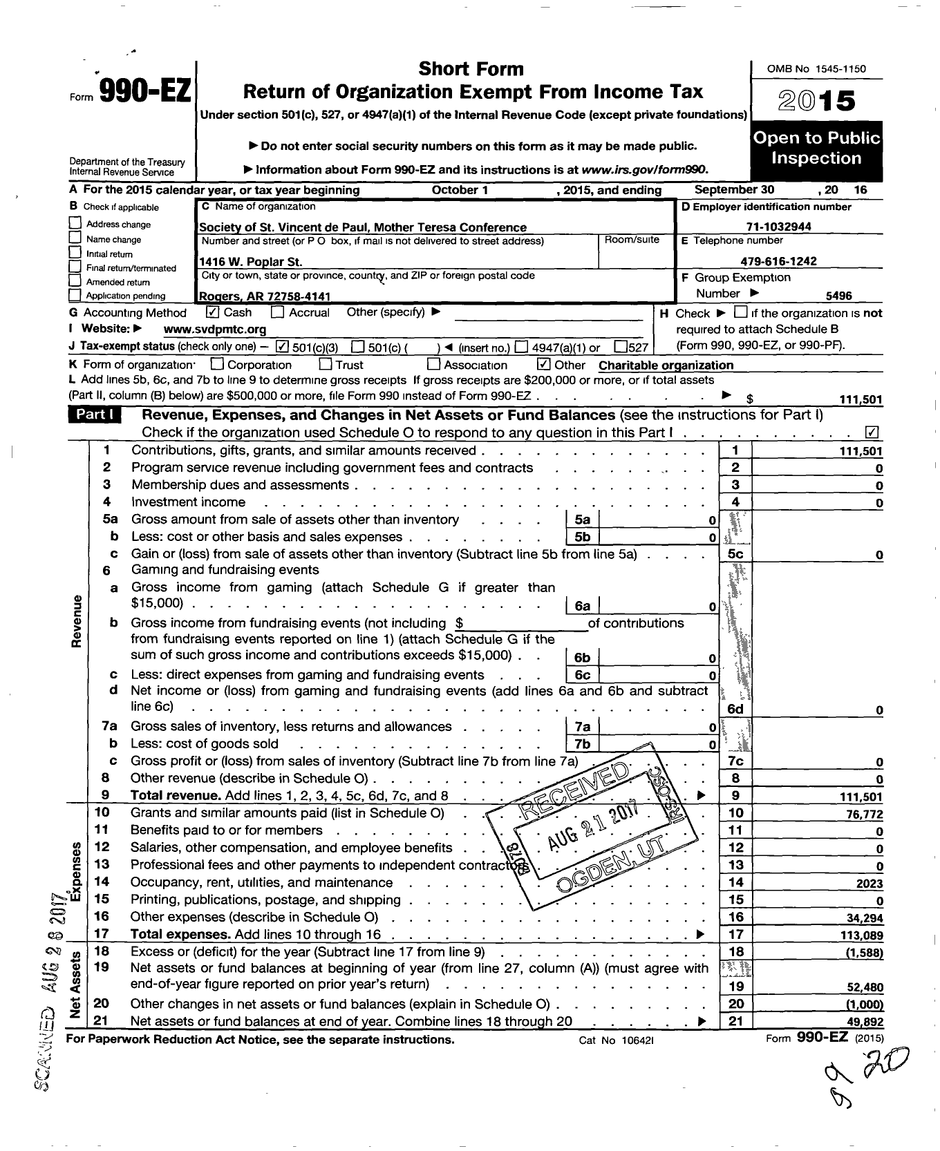 Image of first page of 2015 Form 990EZ for Society of St Vincent de Paul Mother Teresa Conference