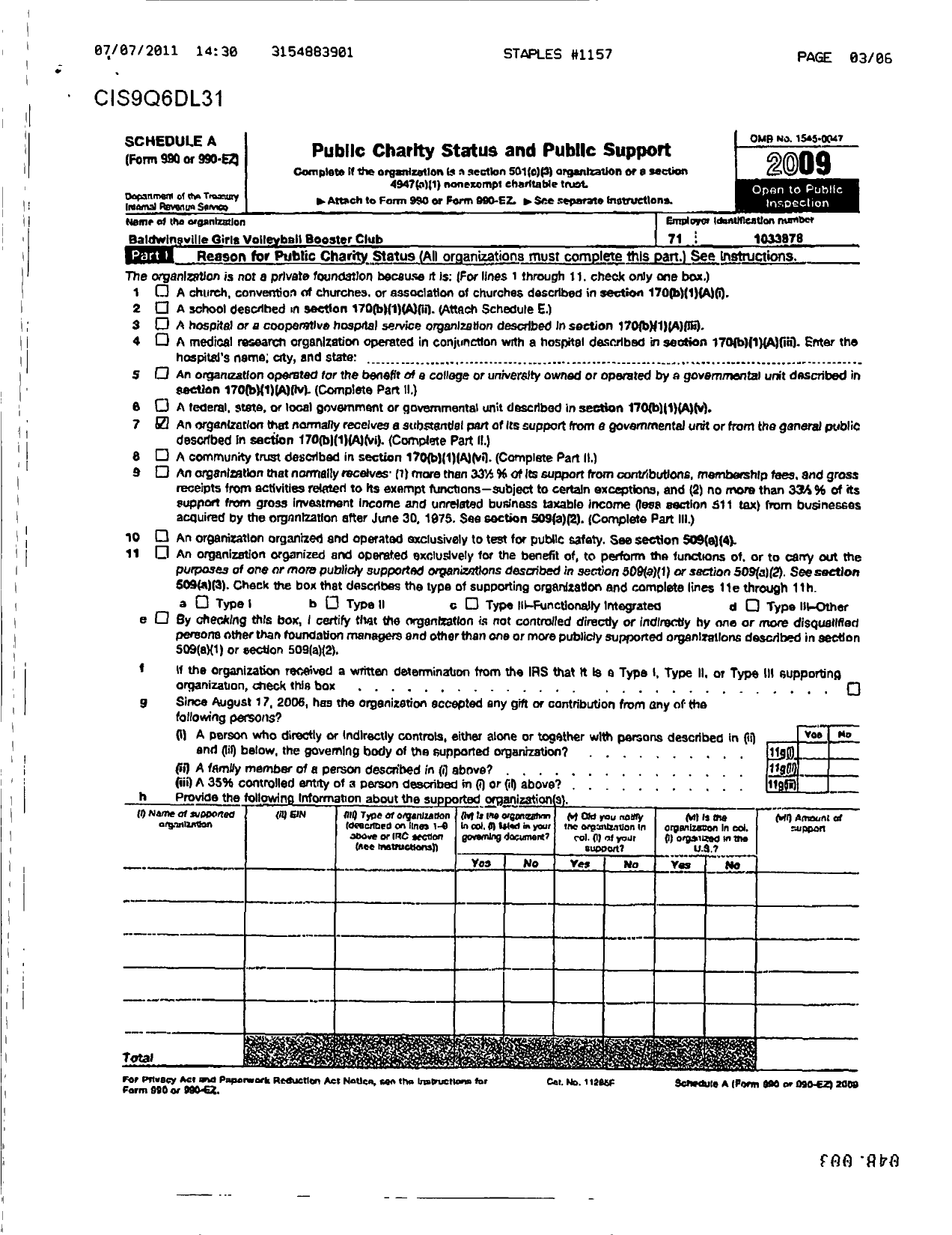 Image of first page of 2009 Form 990ER for Baldwinsville Girls Volleyball Booster Club