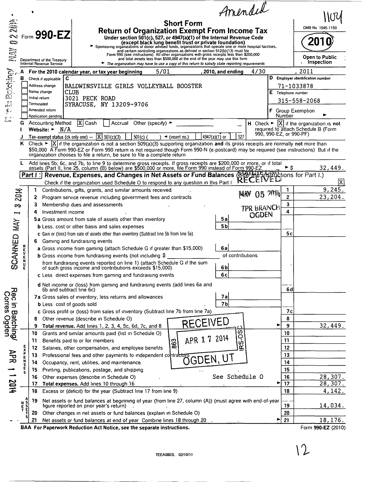 Image of first page of 2010 Form 990EZ for Baldwinsville Girls Volleyball Booster Club