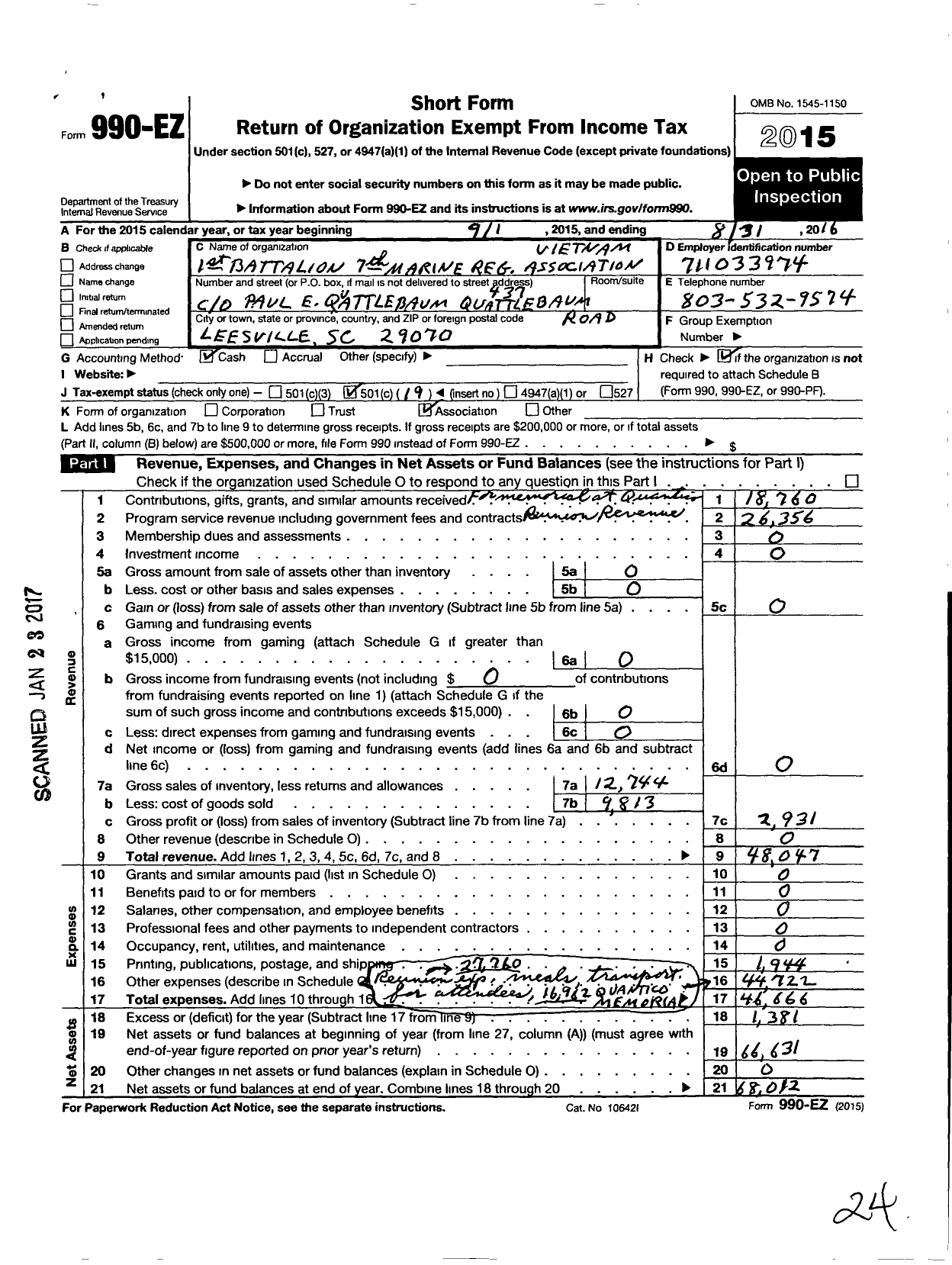 Image of first page of 2015 Form 990EO for 1st Battalion 7th Marines Vietnam Association