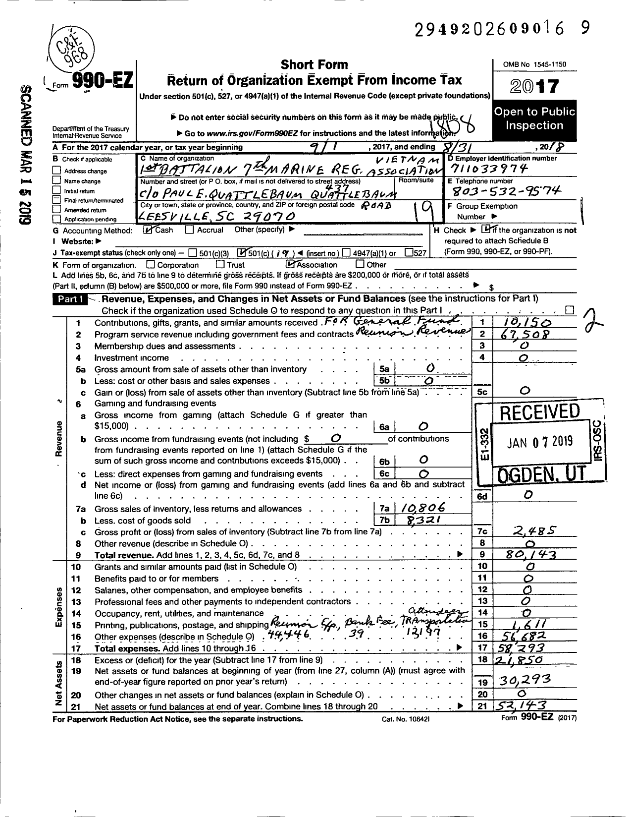 Image of first page of 2017 Form 990EO for 1st Battalion 7th Marines Vietnam Association