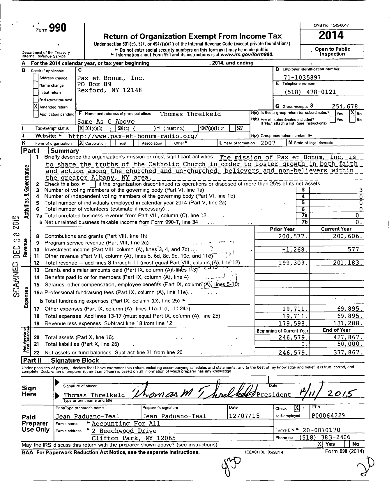 Image of first page of 2014 Form 990 for Pax et Bonum