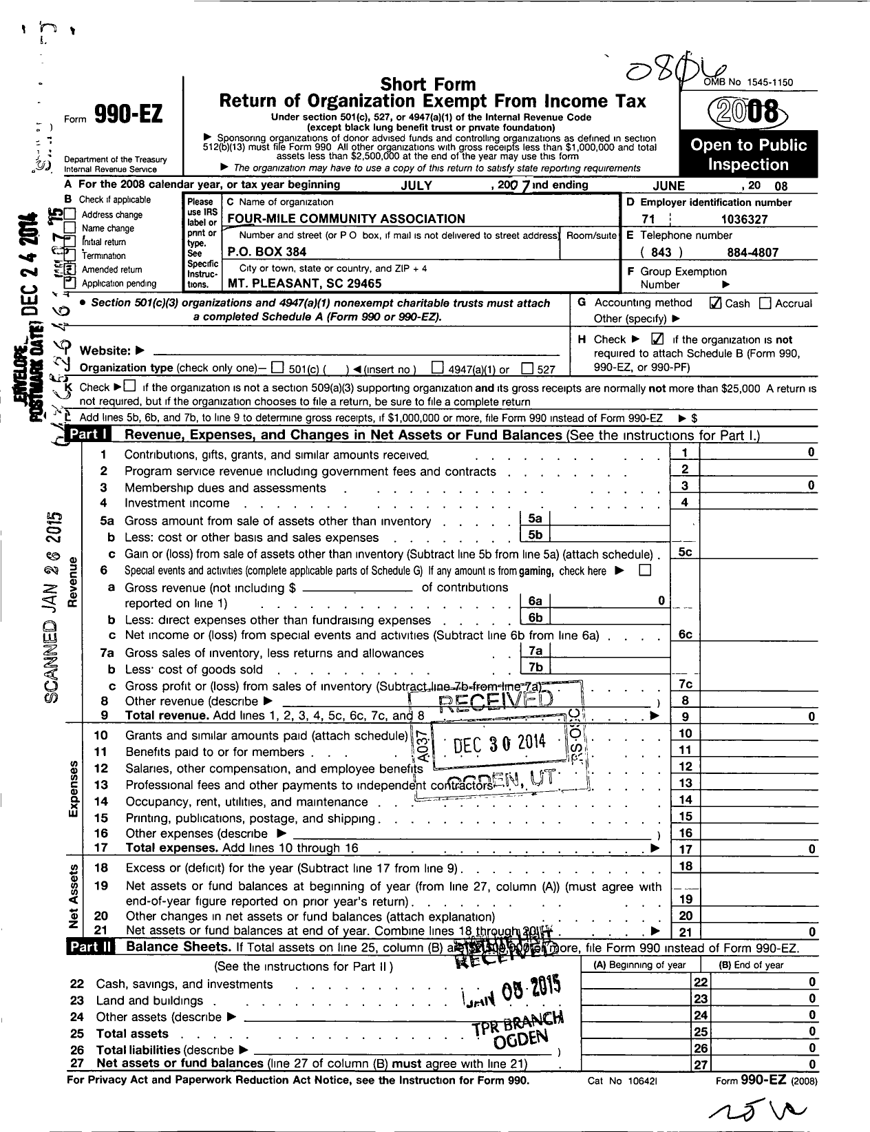 Image of first page of 2007 Form 990EO for Four-Mile Community Association