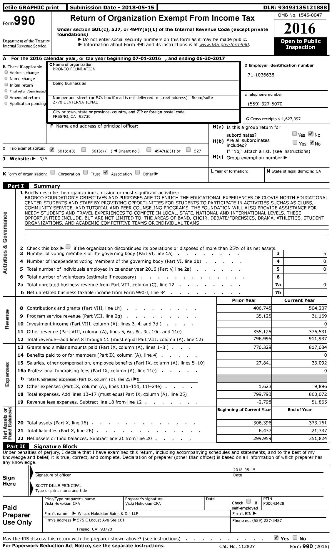 Image of first page of 2016 Form 990 for Bronco Foundation