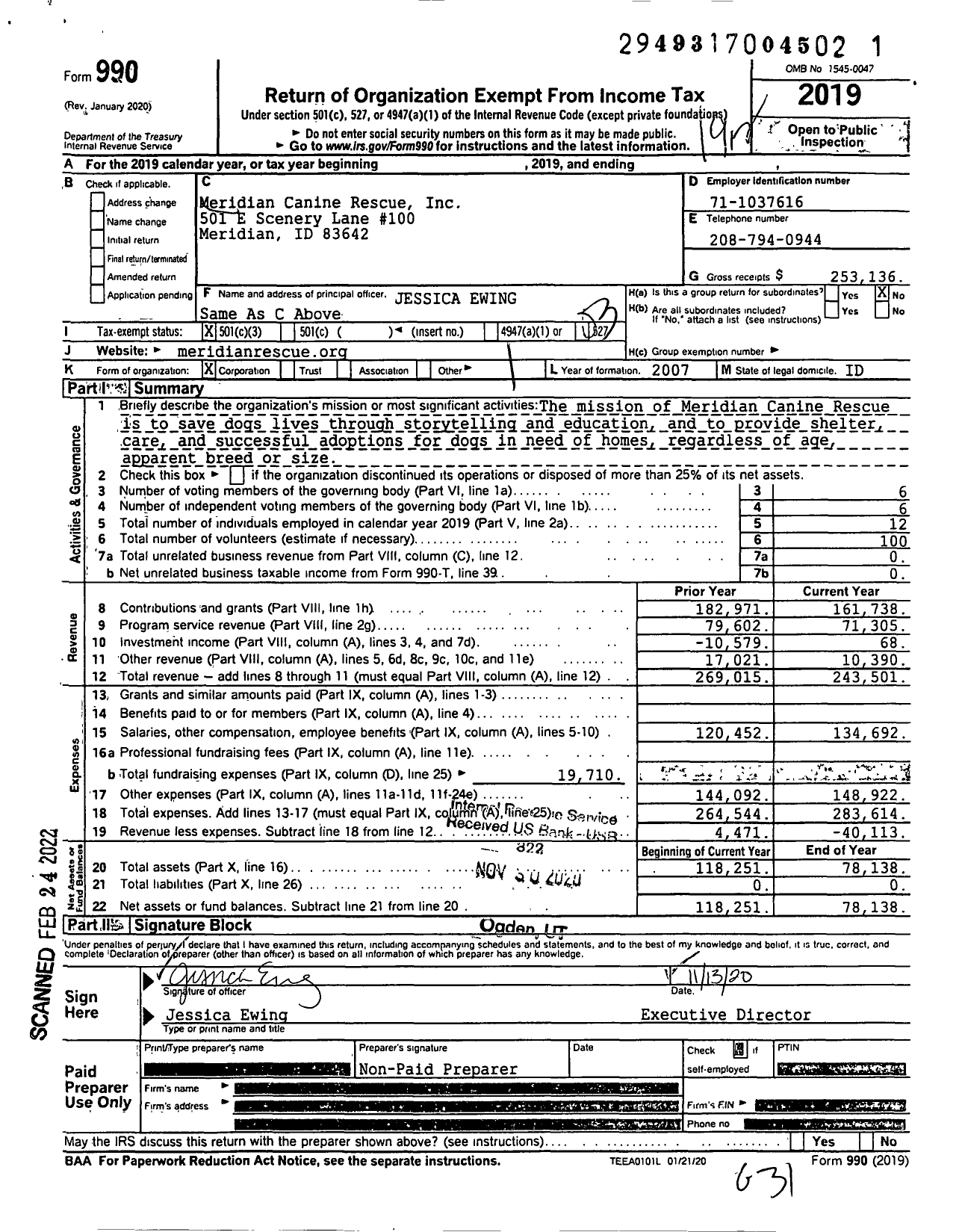 Image of first page of 2019 Form 990 for Meridian Canine Rescue