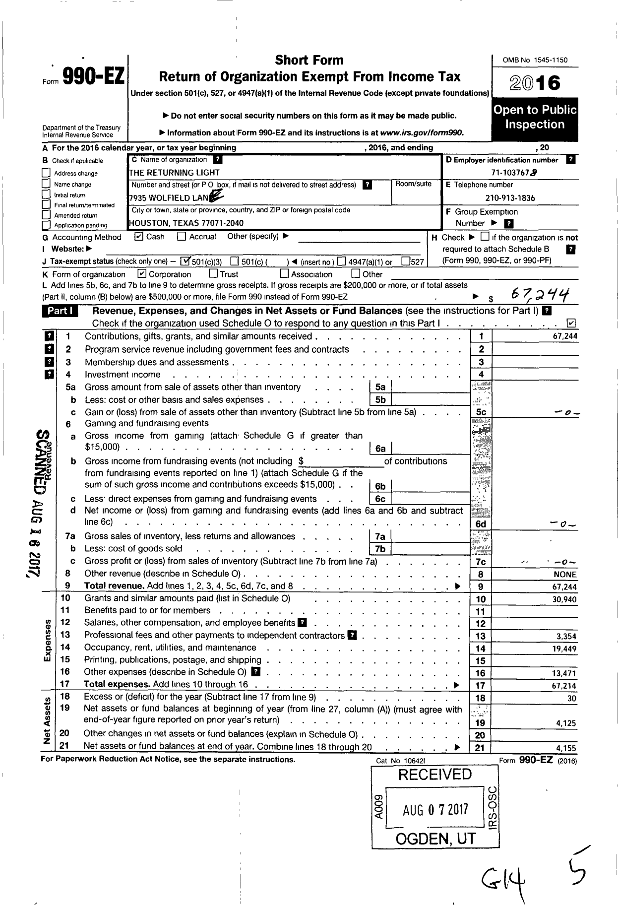 Image of first page of 2016 Form 990EZ for The Returning Light