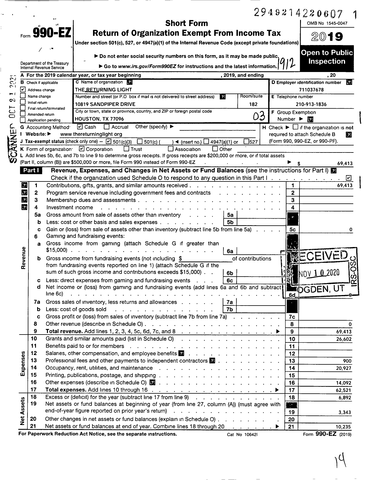 Image of first page of 2019 Form 990EZ for The Returning Light