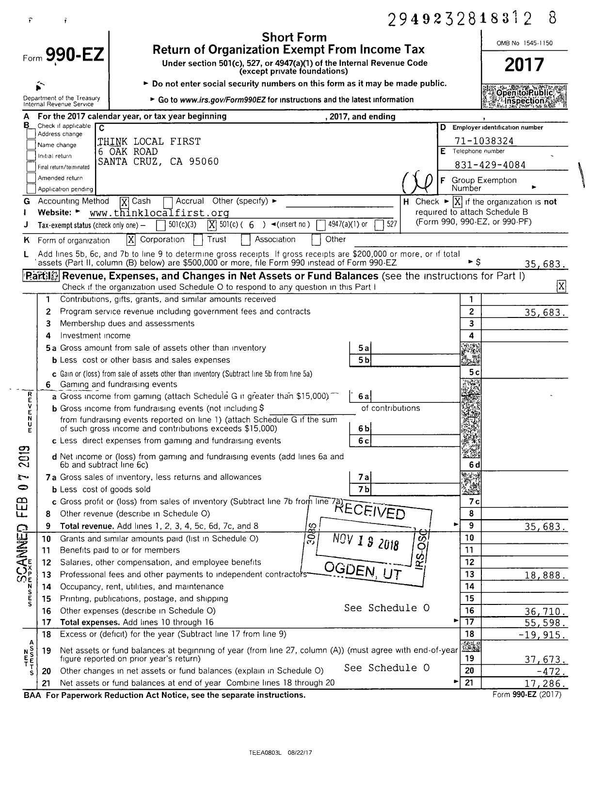 Image of first page of 2017 Form 990EO for Think Local First - County of Santa Cruz