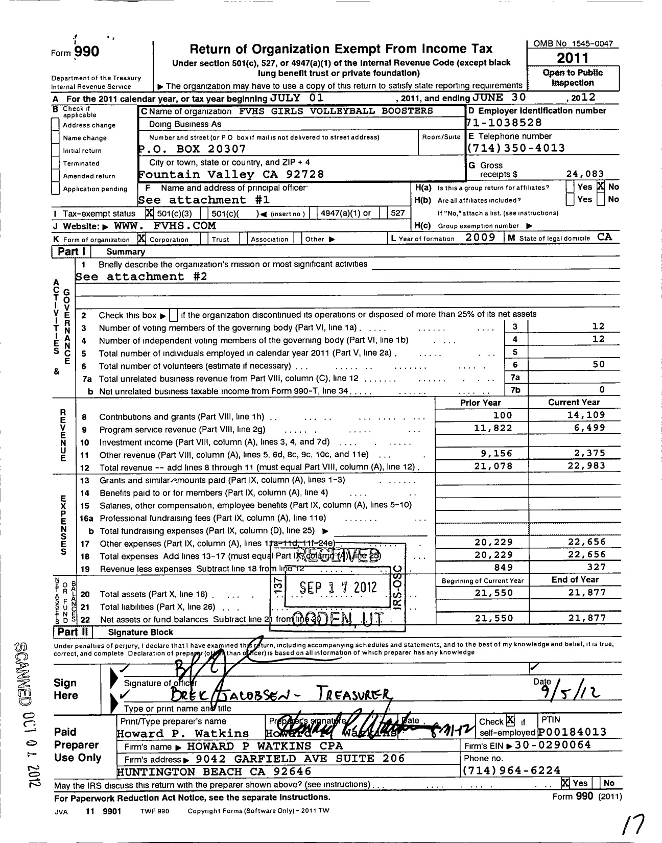 Image of first page of 2011 Form 990 for Fountain Valley High School Girls Volleyball Boosters