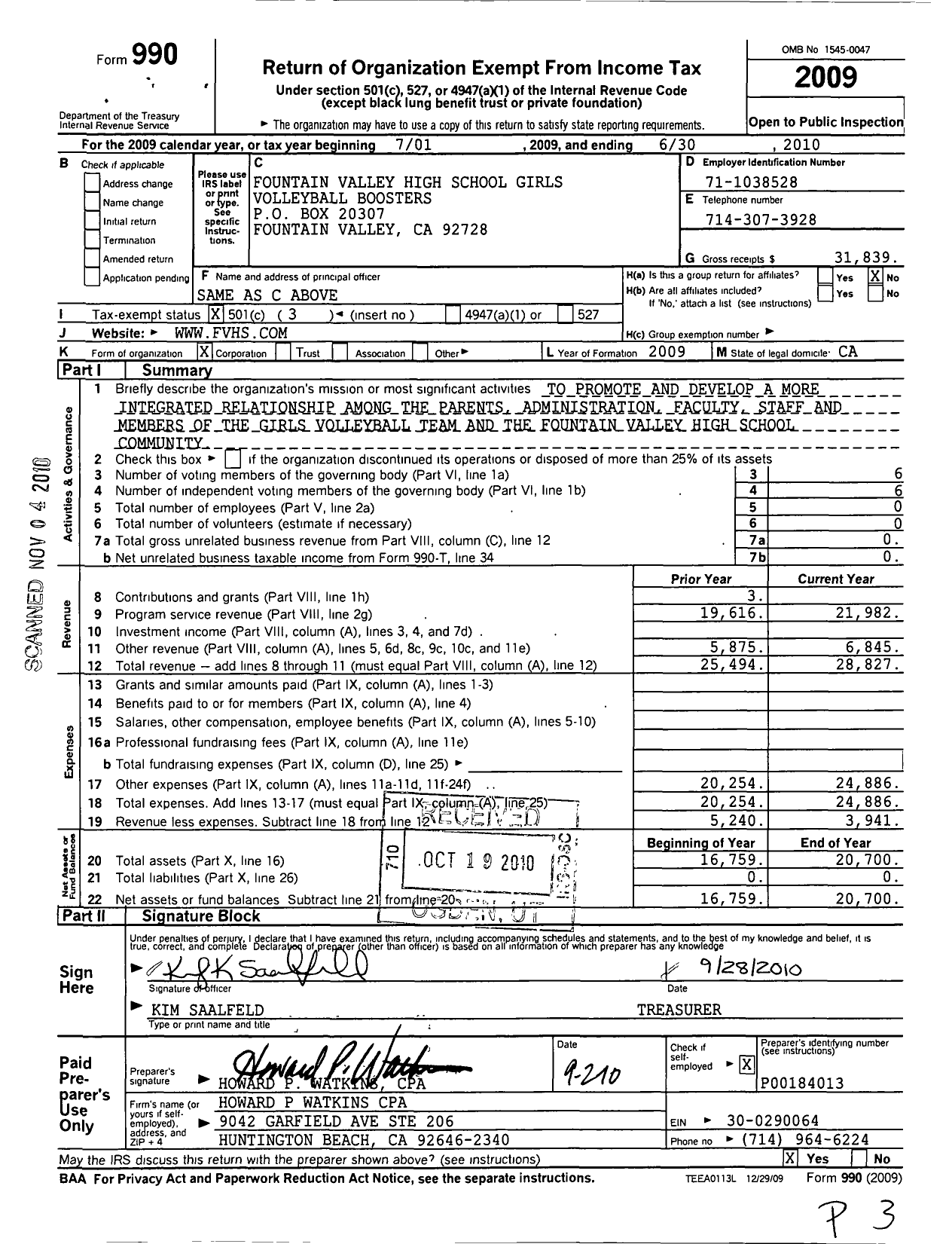 Image of first page of 2009 Form 990 for Fountain Valley High School Girls Volleyball Boosters