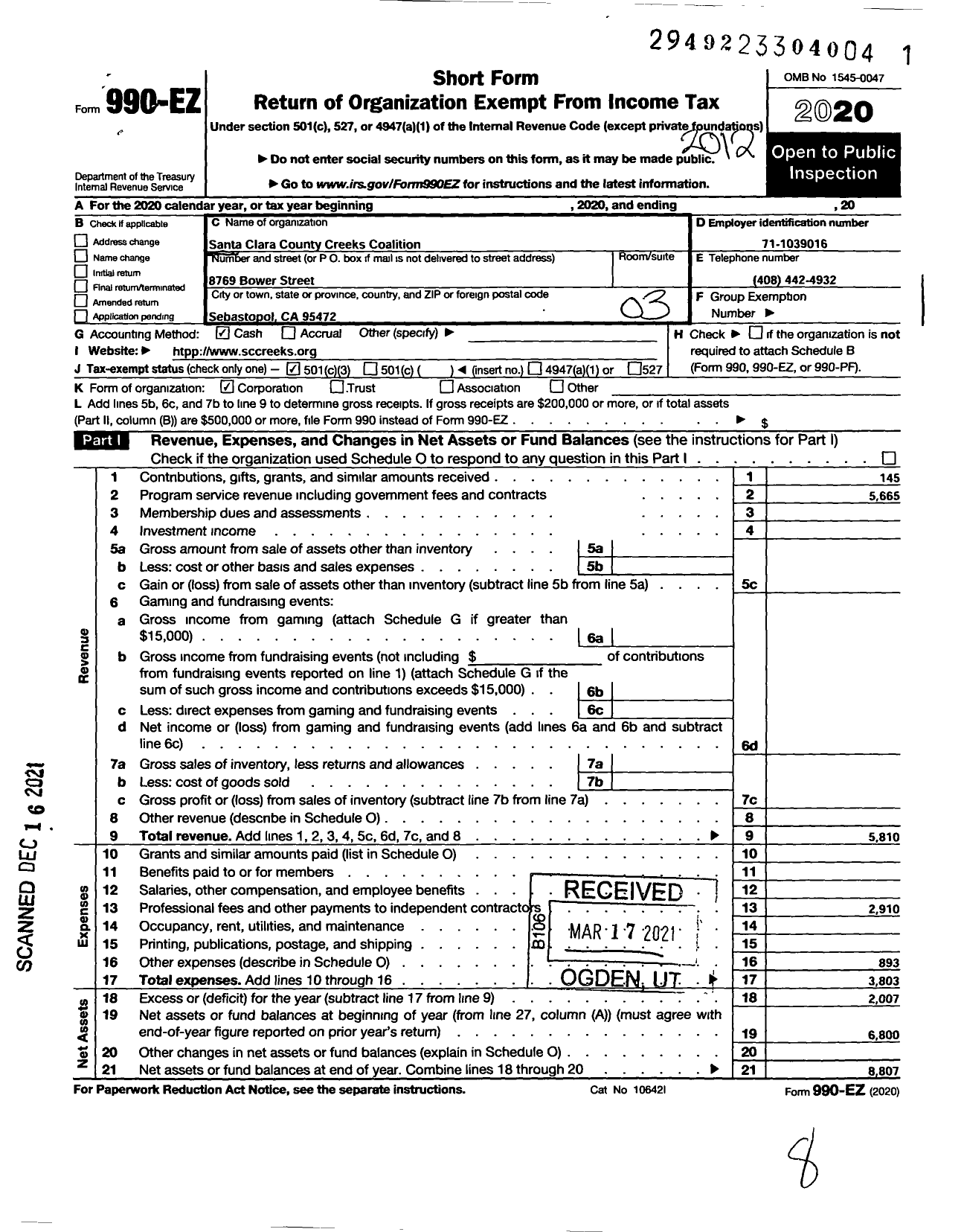 Image of first page of 2020 Form 990EZ for Santa Clara County Creeks Coalition