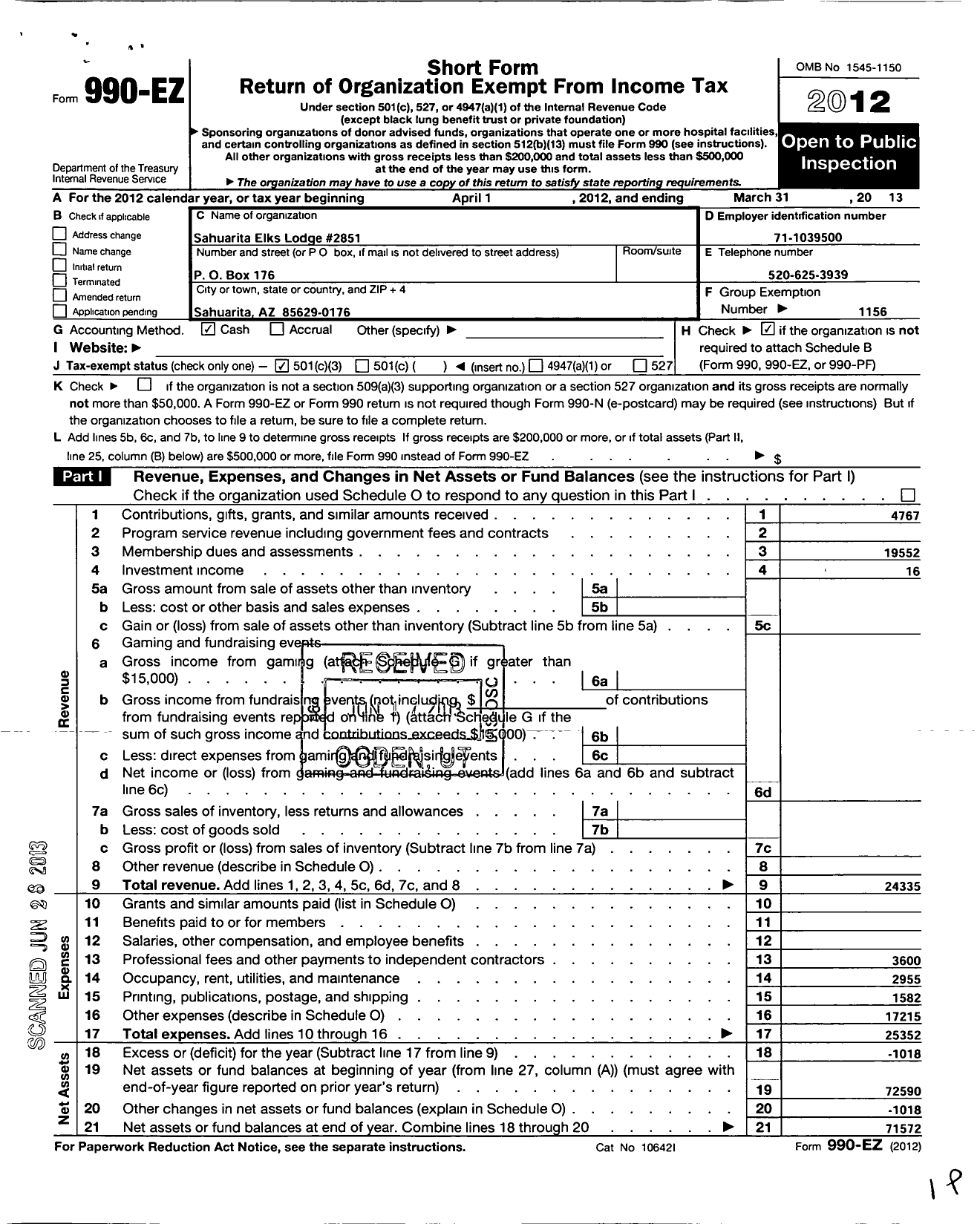 Image of first page of 2012 Form 990EZ for Benevolent and Protective Order of Elks - 2851 Sahuarita