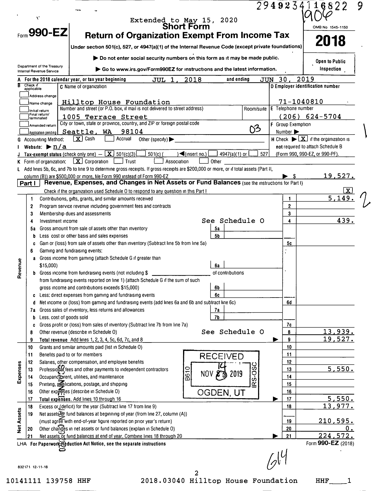 Image of first page of 2018 Form 990EZ for Hilltop House Foundation