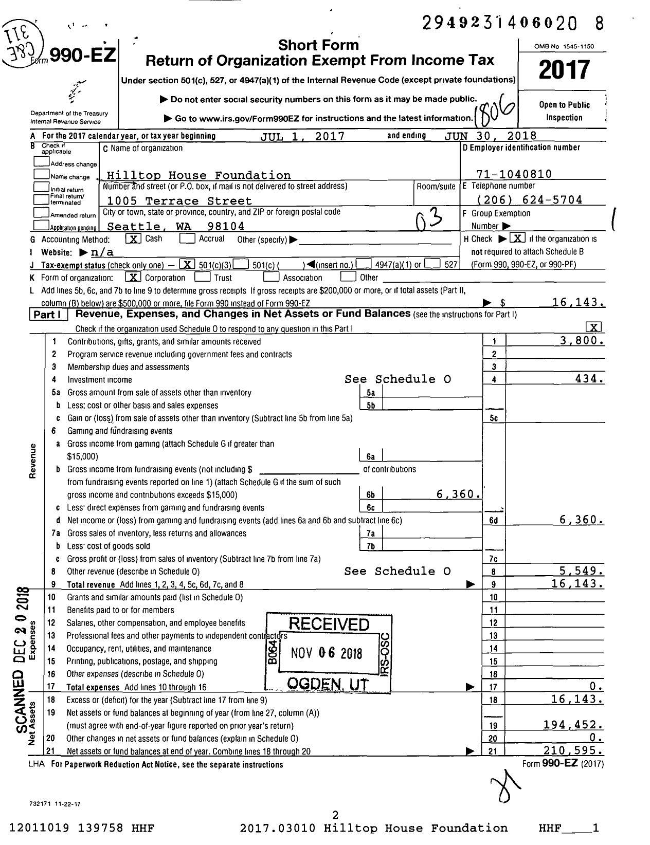 Image of first page of 2017 Form 990EZ for Hilltop House Foundation