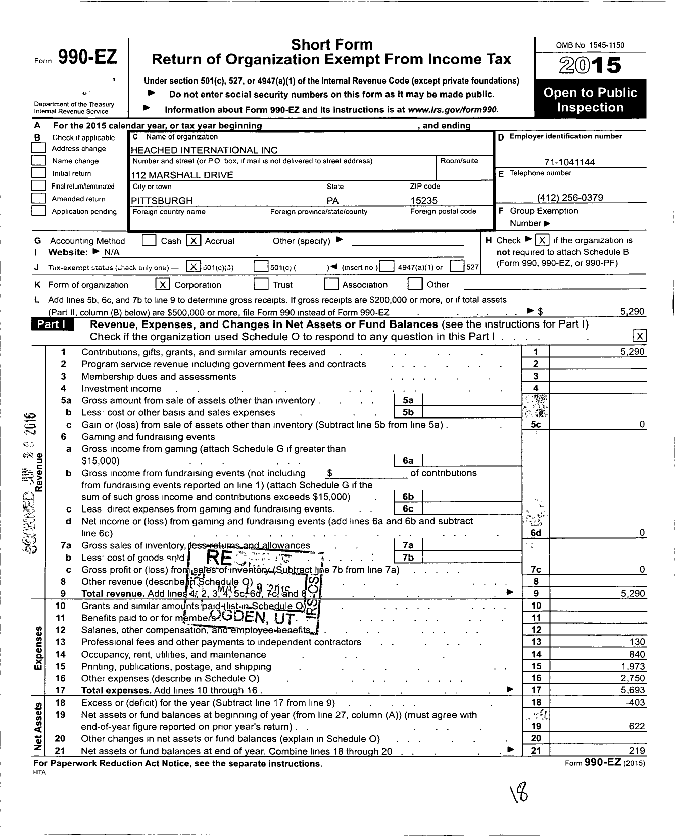 Image of first page of 2015 Form 990EZ for Heached International