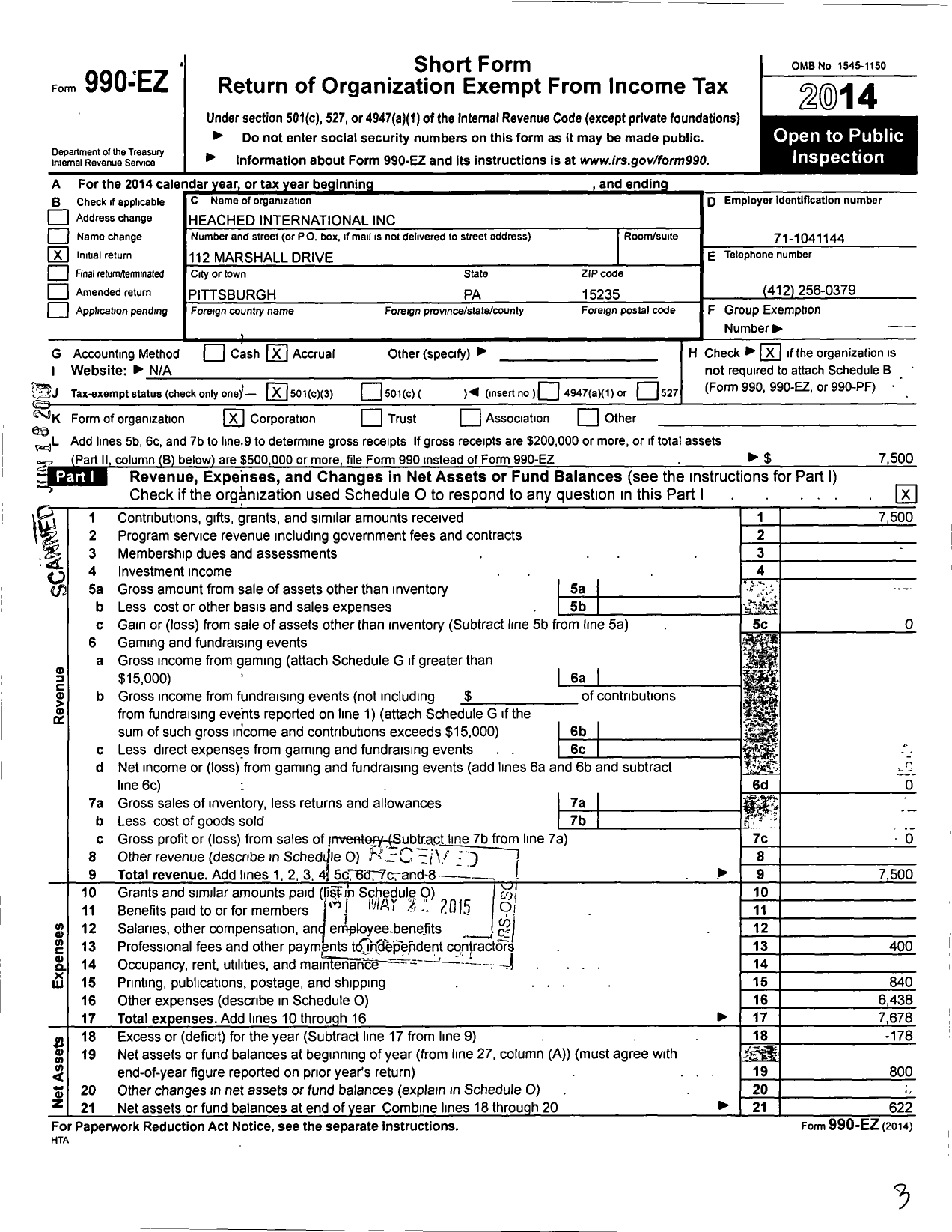 Image of first page of 2014 Form 990EZ for Heached International