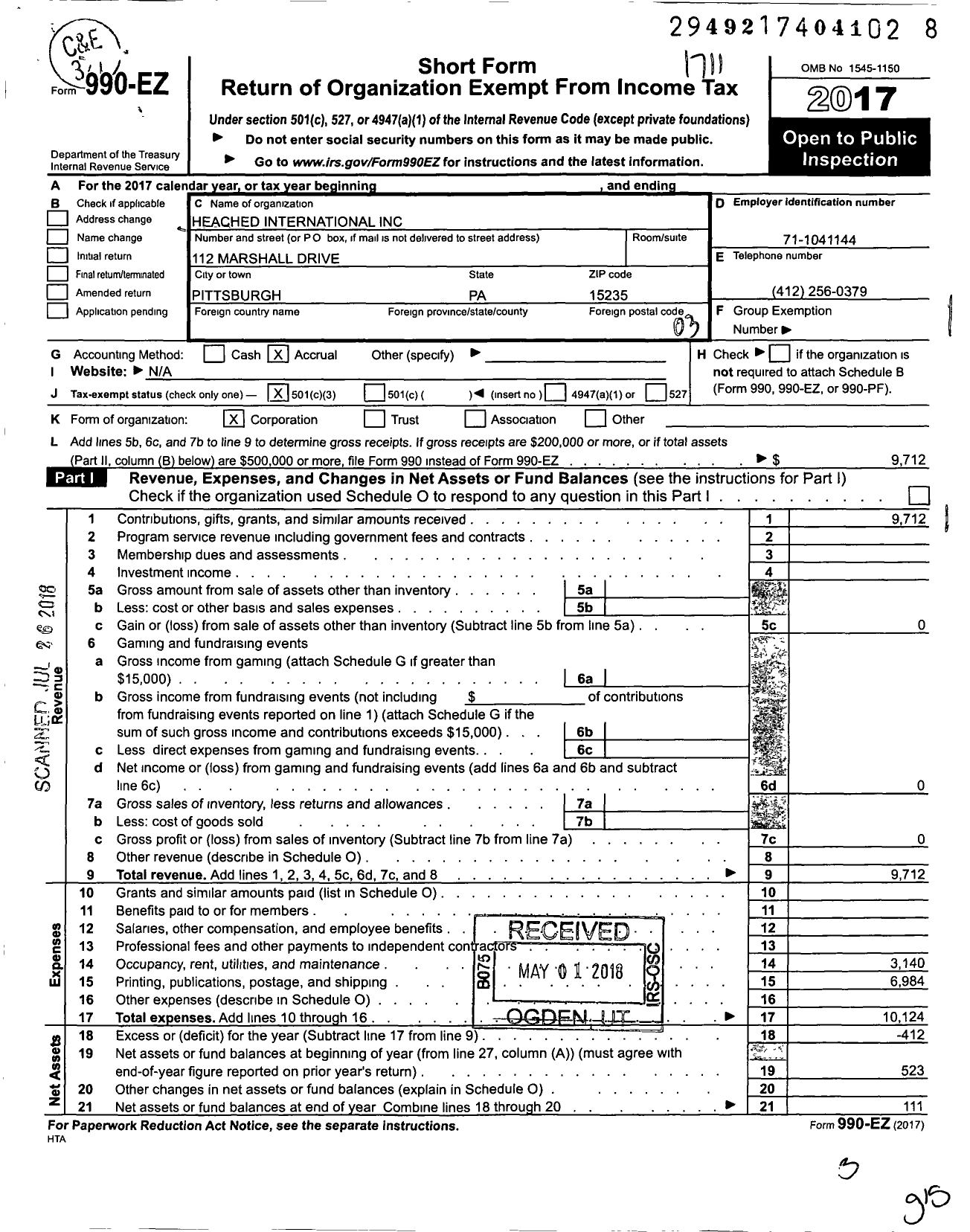 Image of first page of 2017 Form 990EZ for Heached International