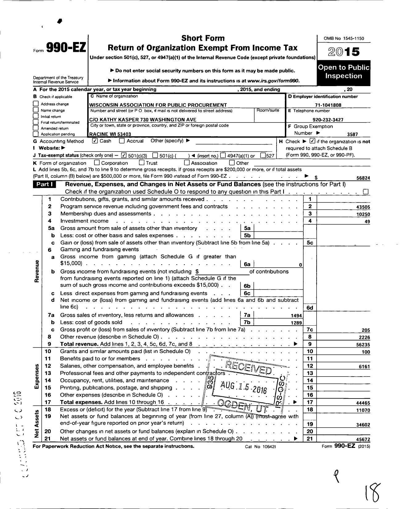 Image of first page of 2015 Form 990EZ for National Institute of Governmental Purchasing / Wi Assoc of Public Procurement