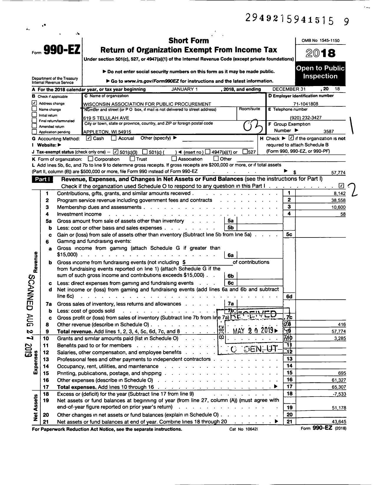 Image of first page of 2018 Form 990EZ for National Institute of Governmental Purchasing / Wi Assoc of Public Procurement