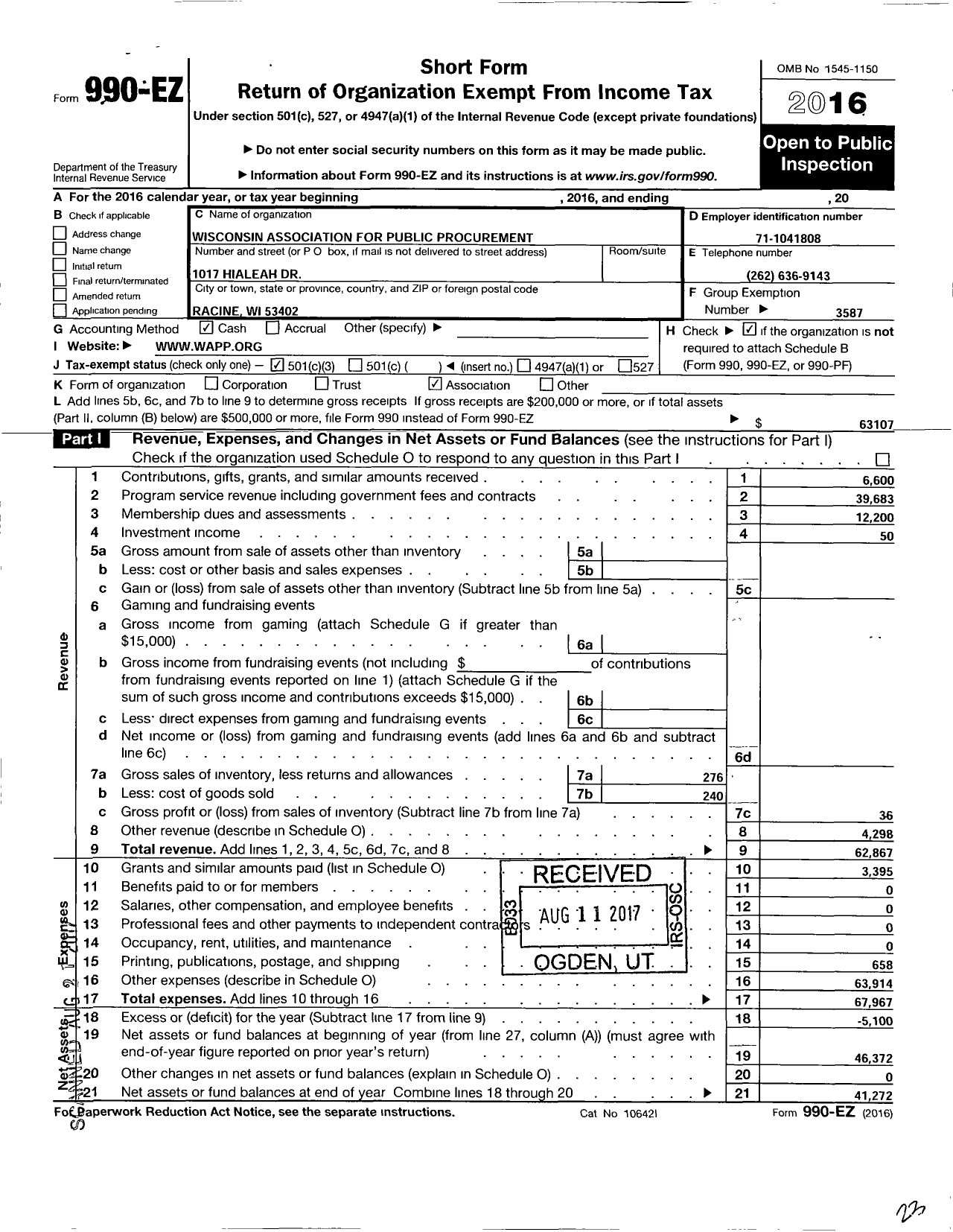 Image of first page of 2016 Form 990EZ for National Institute of Governmental Purchasing / Wi Assoc of Public Procurement