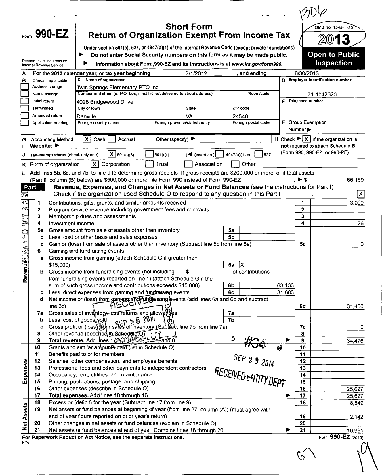 Image of first page of 2012 Form 990EZ for Twin Springs Elementary School Pto