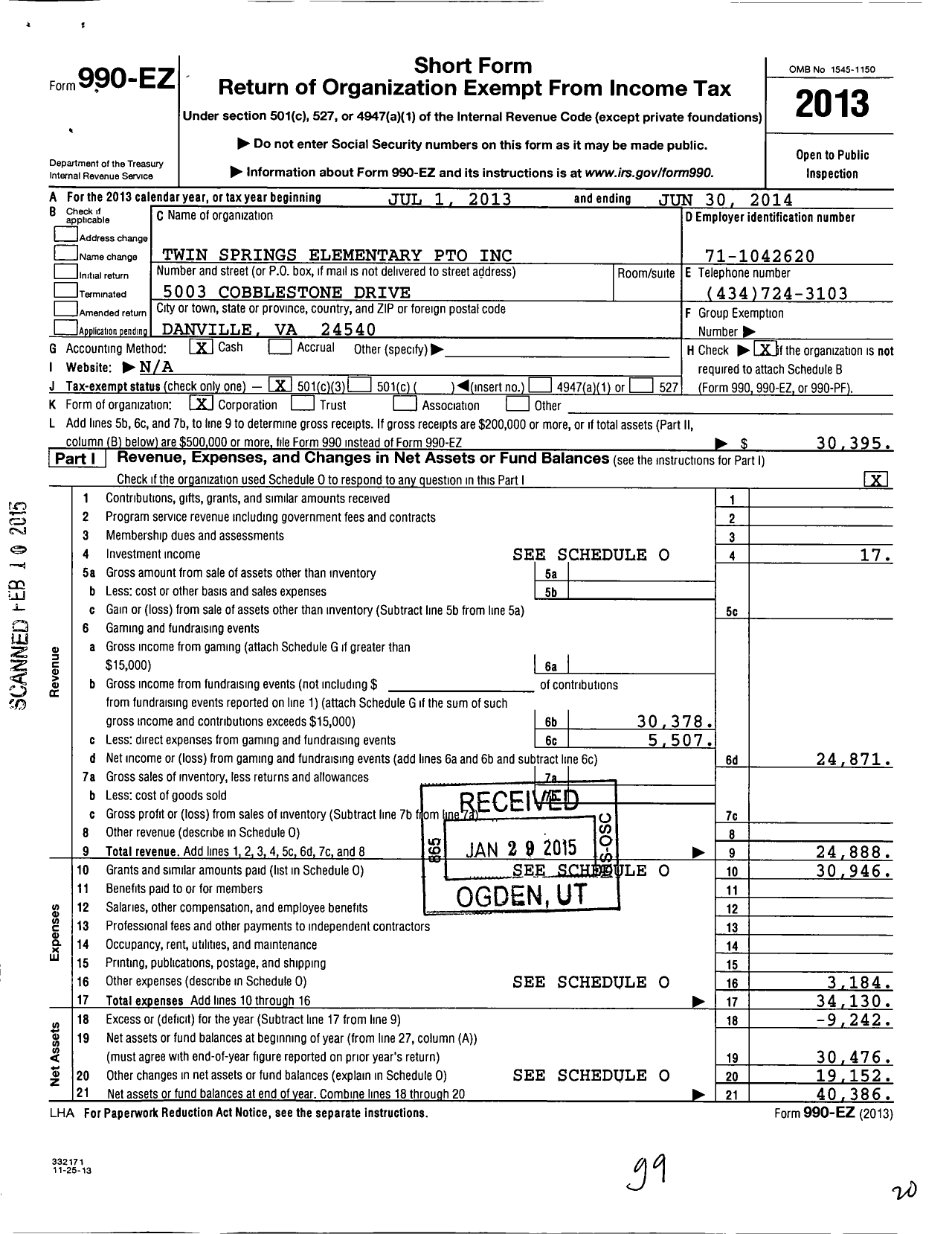 Image of first page of 2013 Form 990EZ for Twin Springs Elementary School Pto