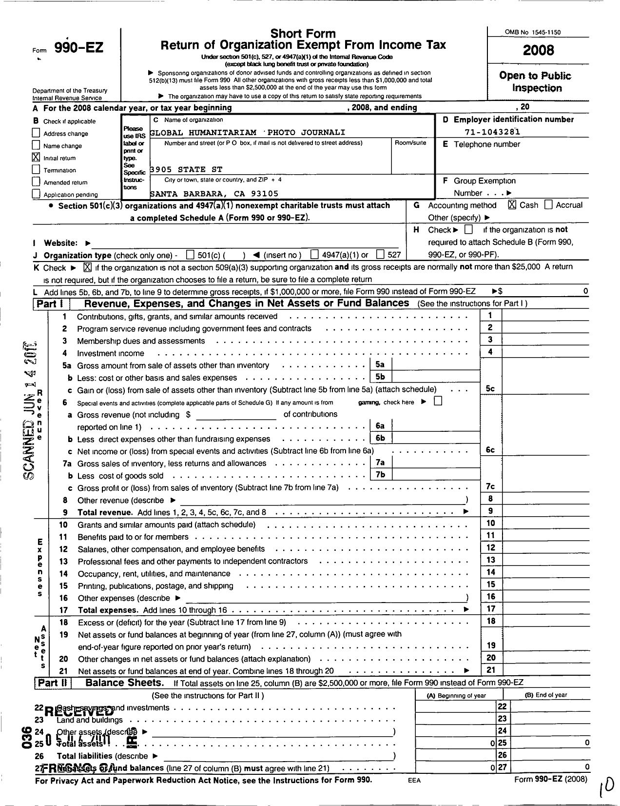 Image of first page of 2008 Form 990EO for Global Humanitarian Photojournalists (GHP)