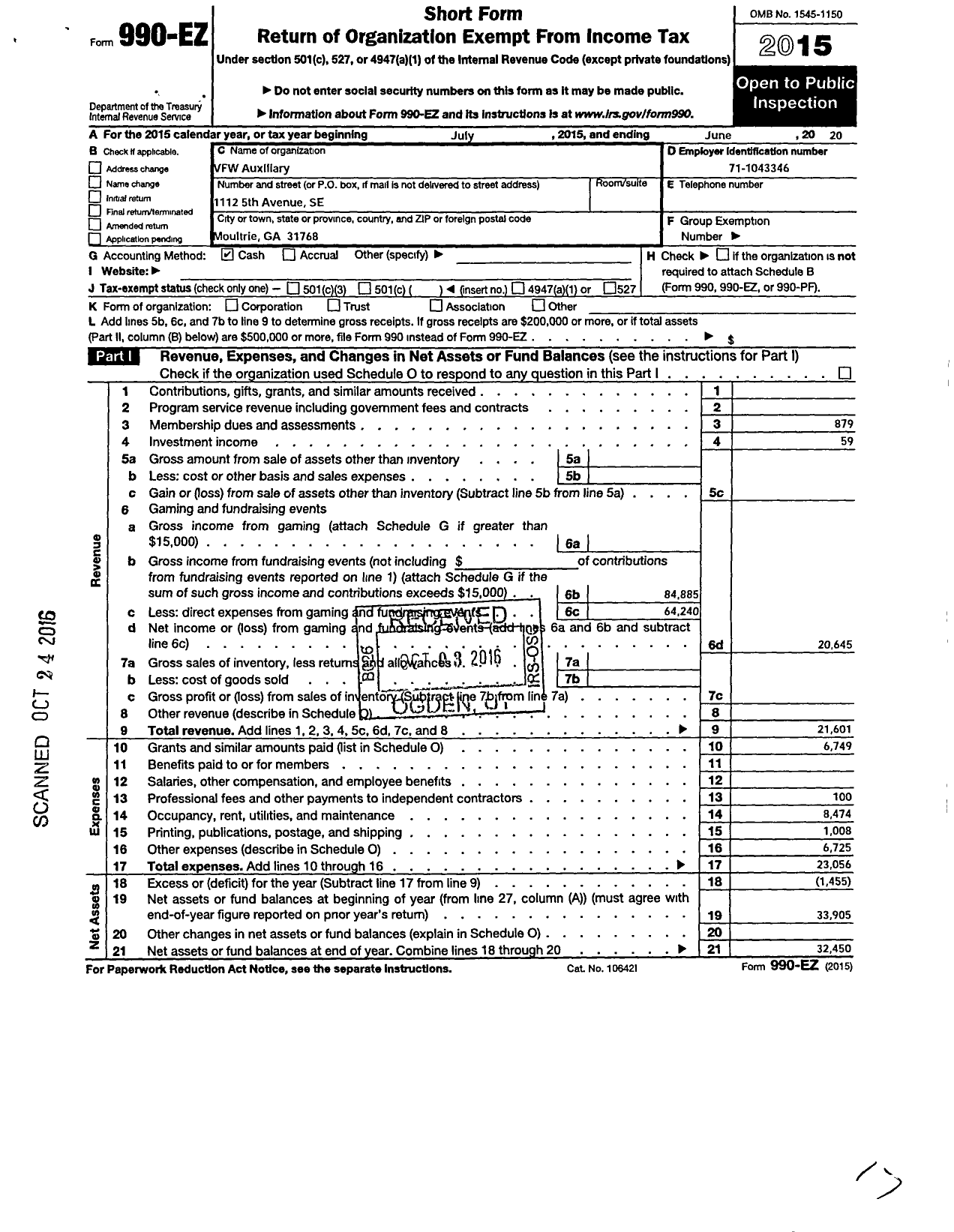 Image of first page of 2014 Form 990EO for Dept of Georgia Ladies Auxiliary To the VFW of the United States - 4830 Herbert H Norman Post