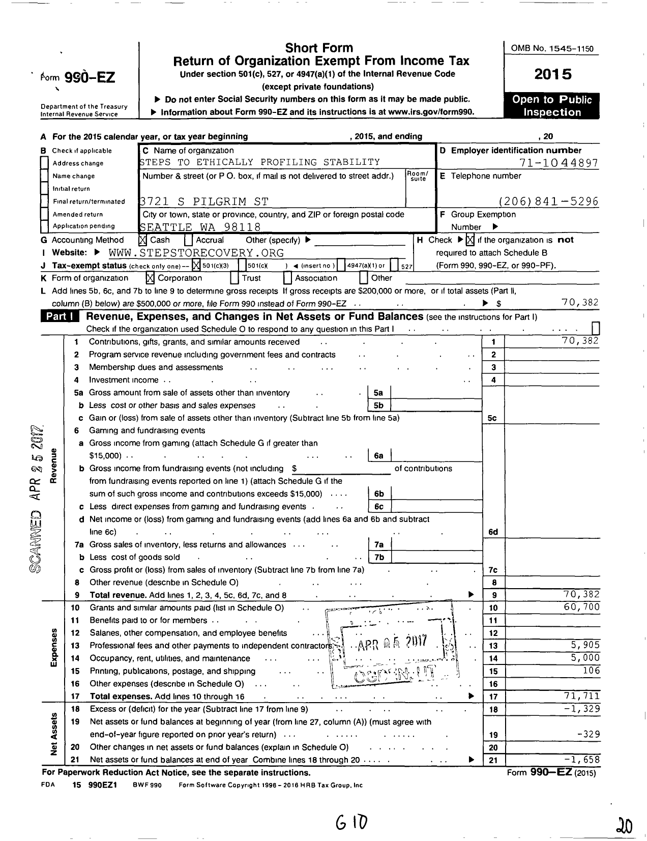 Image of first page of 2015 Form 990EZ for Steps To Ethically Profiling Stability