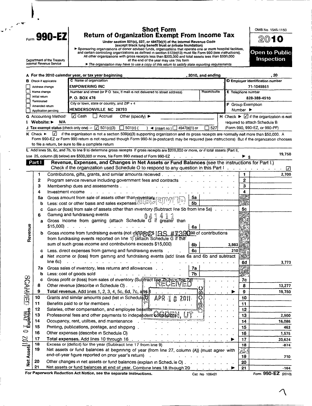 Image of first page of 2010 Form 990EZ for Empowering