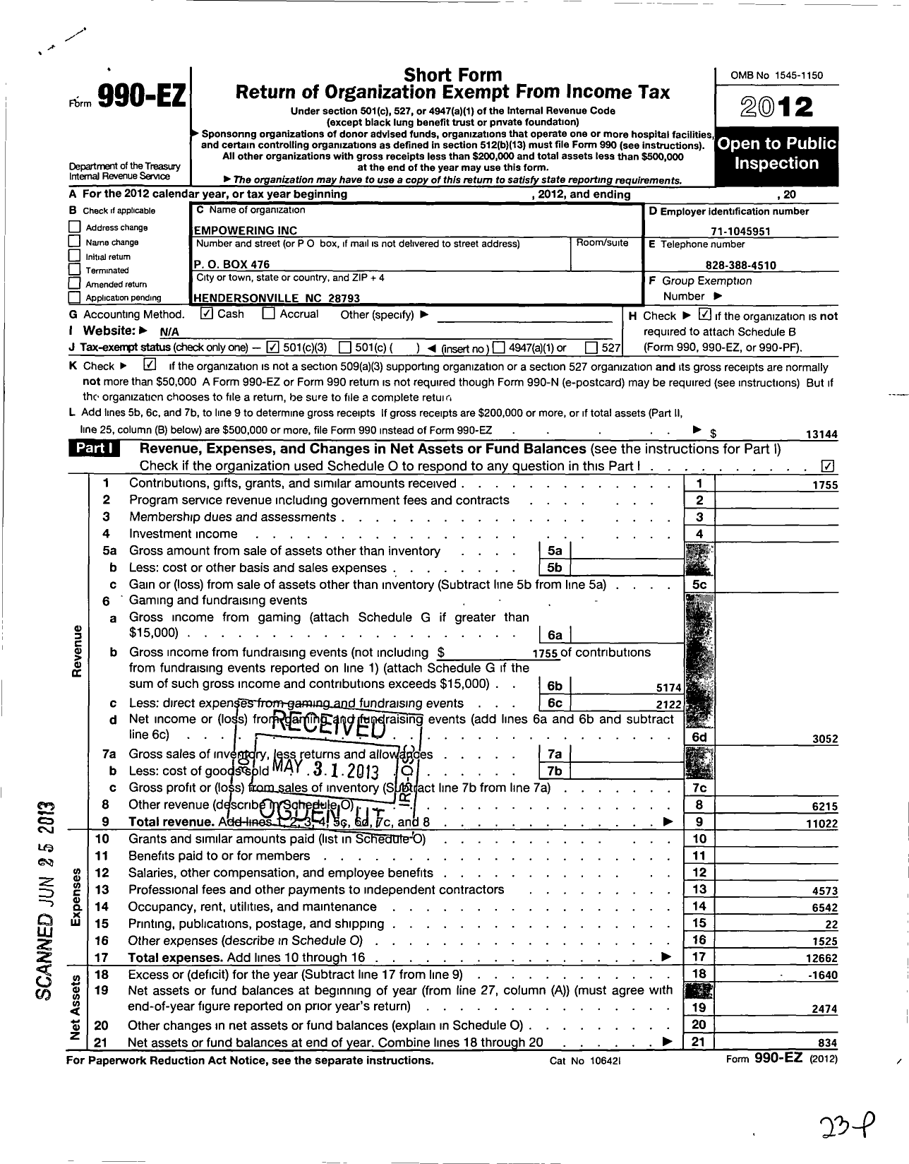 Image of first page of 2012 Form 990EZ for Empowering