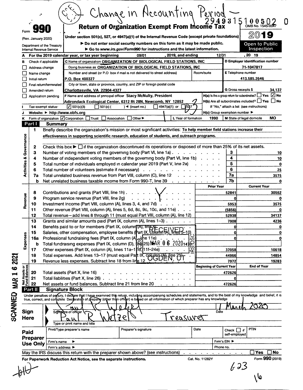 Image of first page of 2019 Form 990 for Organization of Biological Field Stations