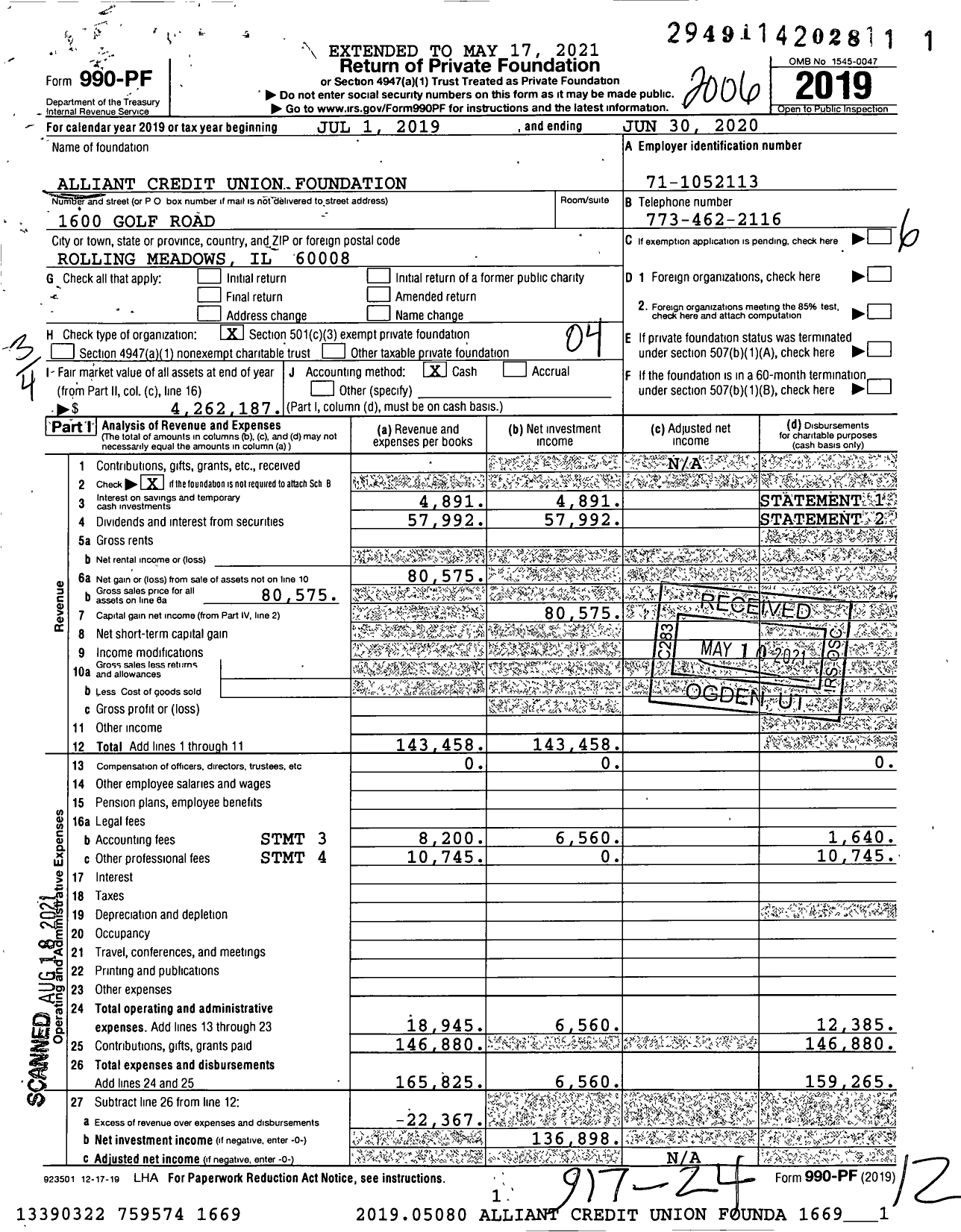Image of first page of 2019 Form 990PF for Alliant Credit Union Foundation
