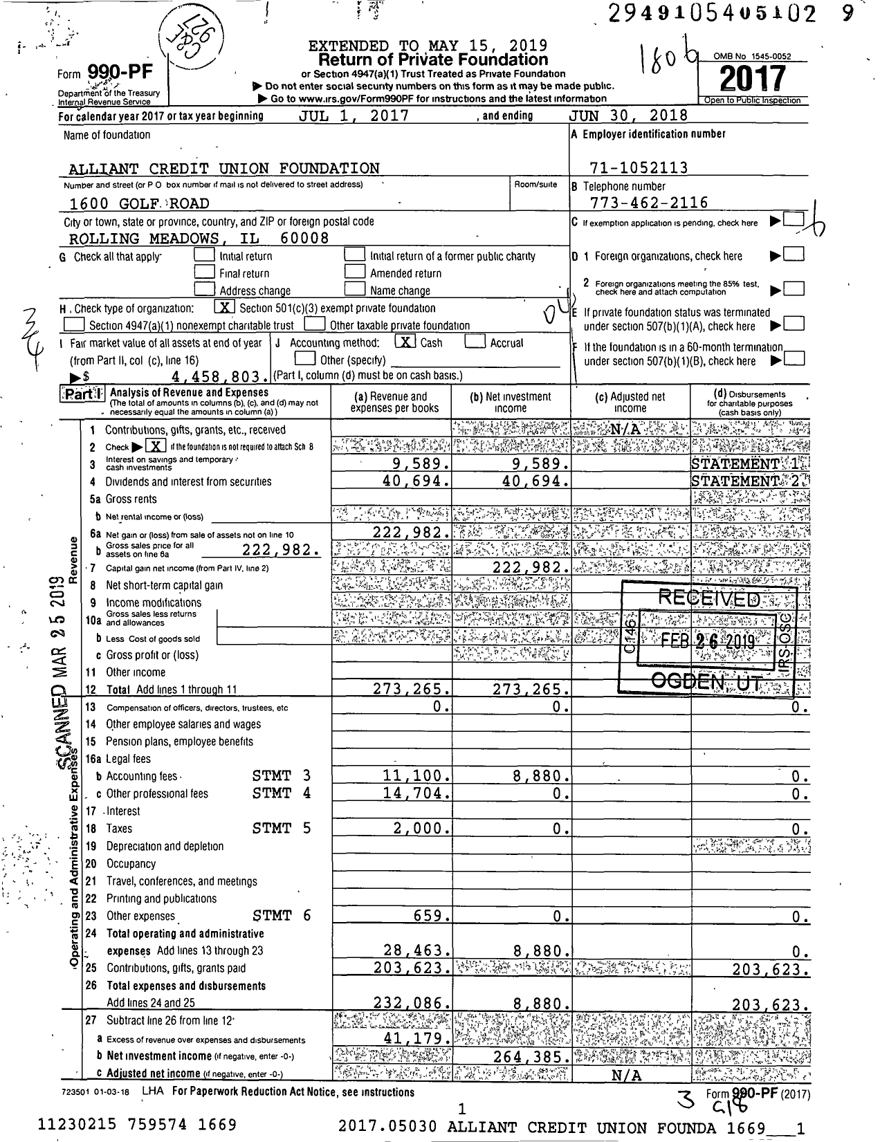 Image of first page of 2017 Form 990PF for Alliant Credit Union Foundation