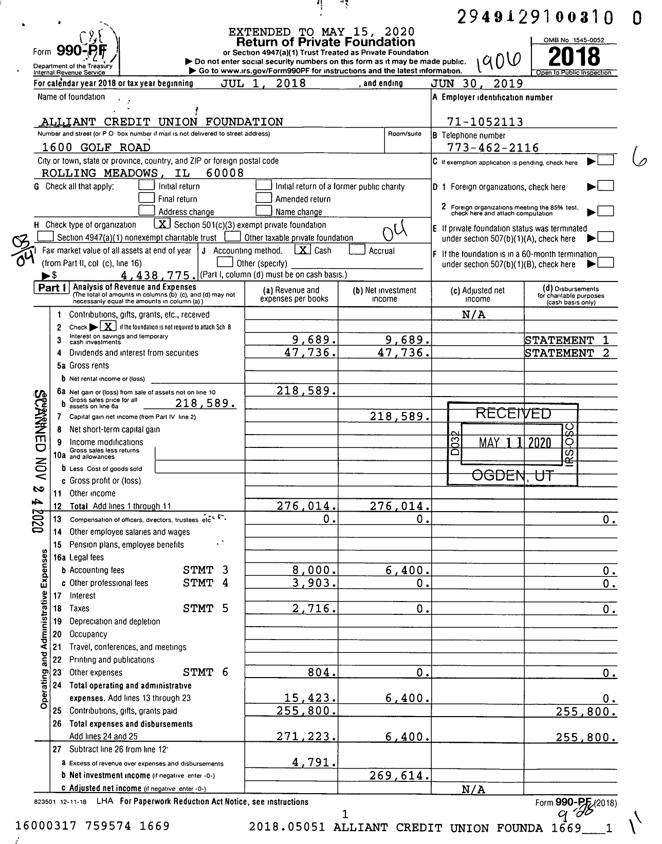 Image of first page of 2018 Form 990PF for Alliant Credit Union Foundation