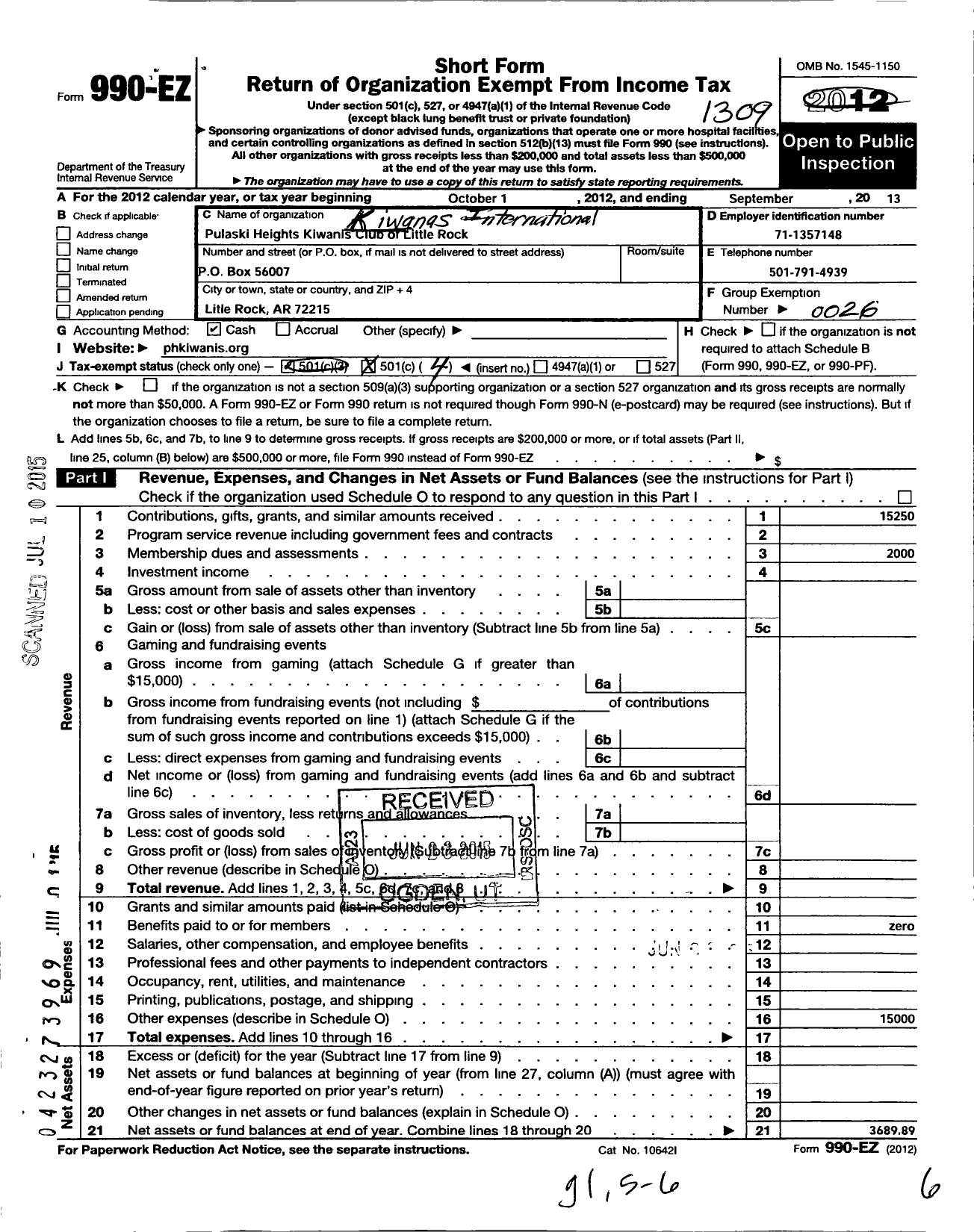 Image of first page of 2012 Form 990EO for Kiwanis International - K03650 Pulaski Heights Little Rock