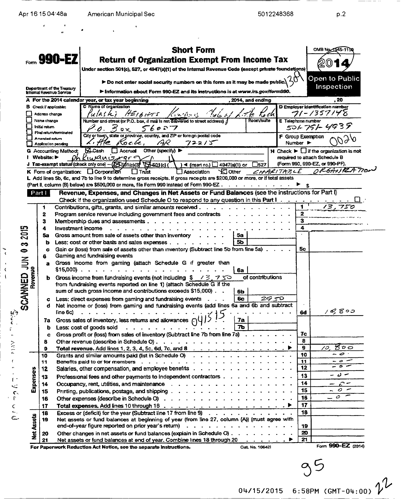 Image of first page of 2012 Form 990EO for Kiwanis International - K03650 Pulaski Heights Little Rock