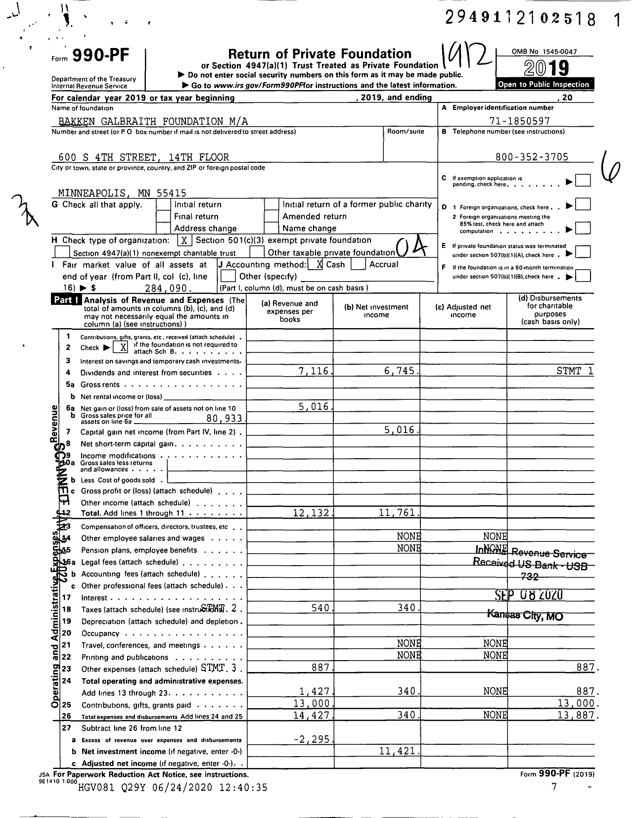 Image of first page of 2019 Form 990PF for Bakken Galbraith Foundation Ma