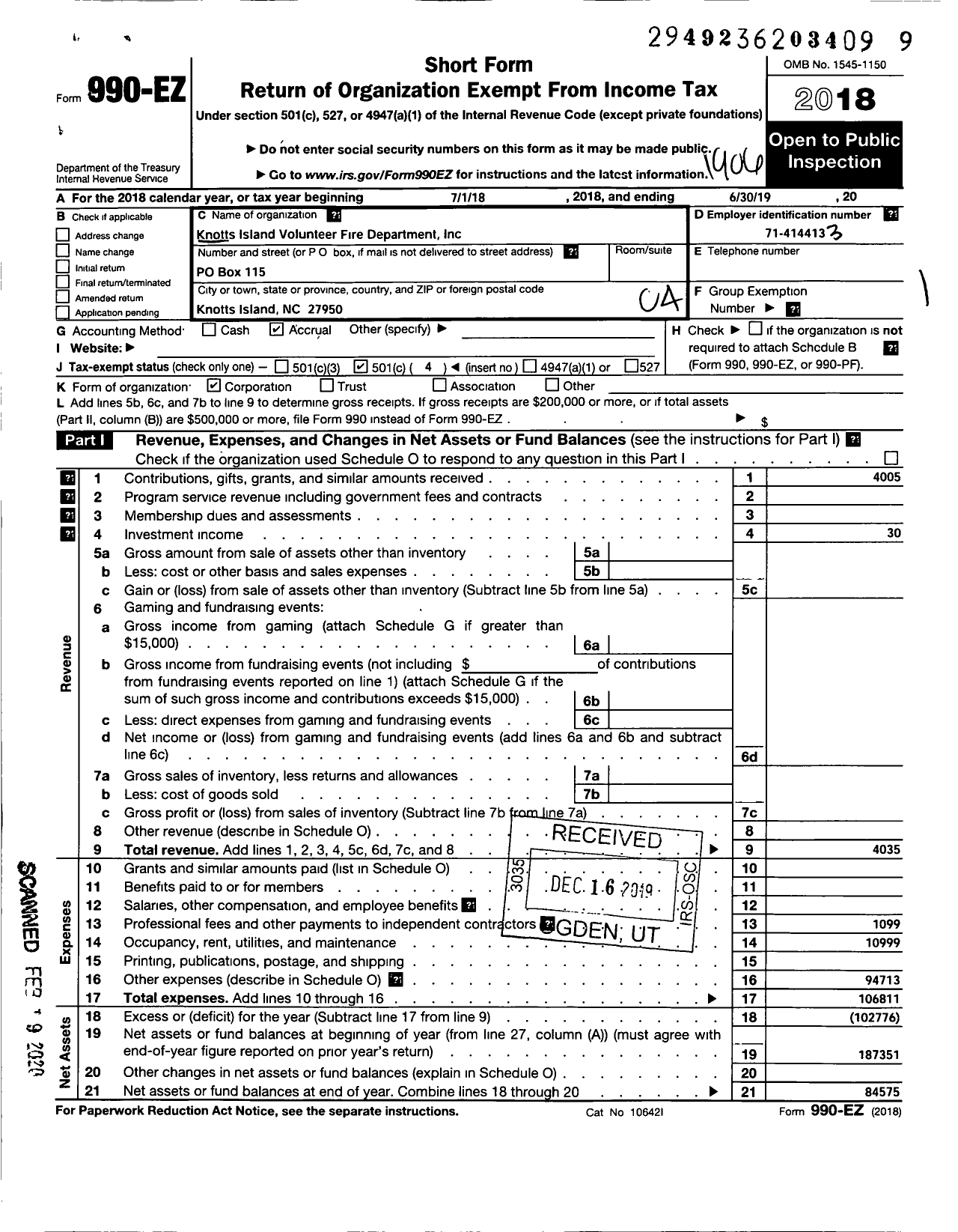 Image of first page of 2018 Form 990EO for Knotts Island Volunteer Fire Department Incorporation