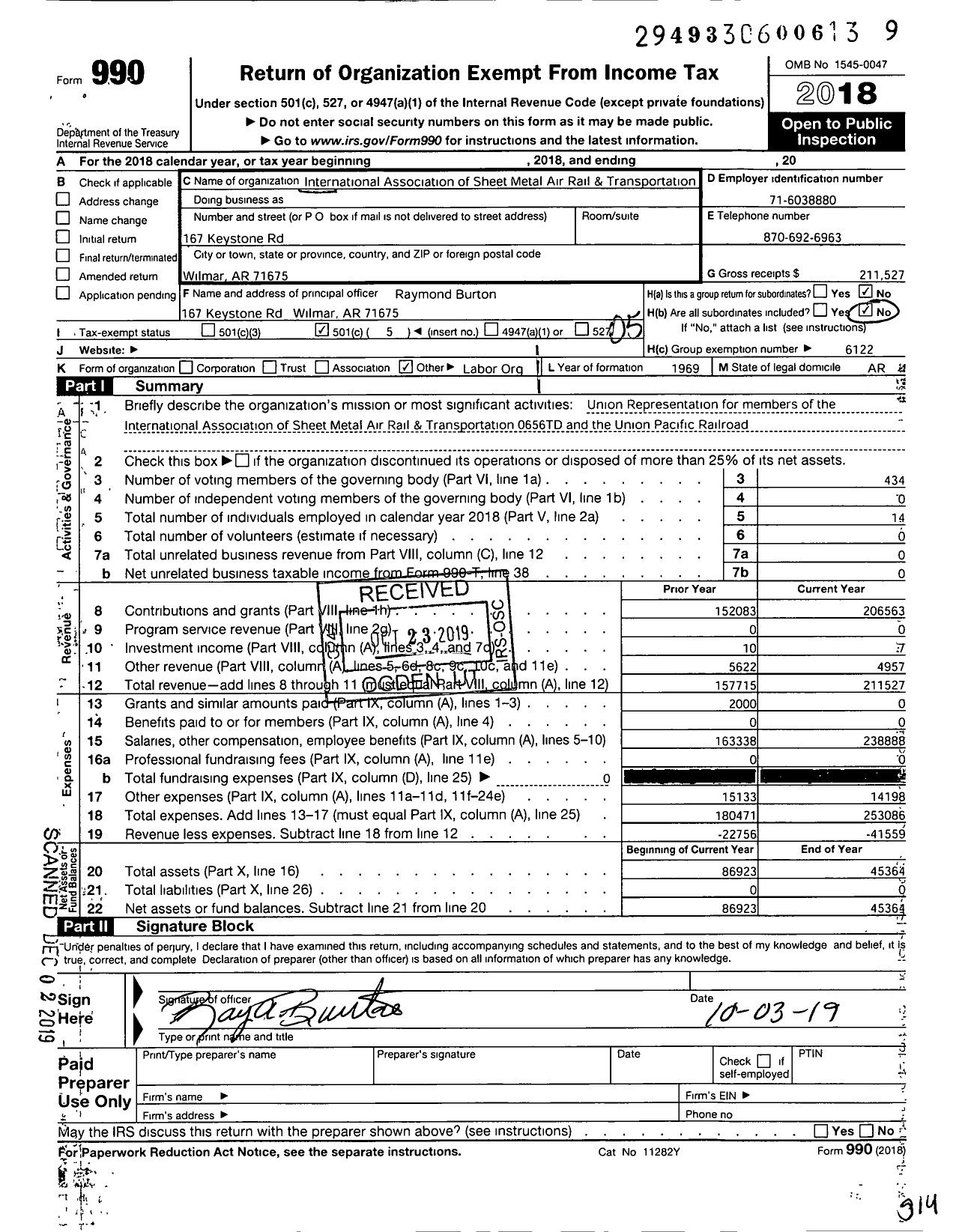 Image of first page of 2018 Form 990O for SMART Union - SMART Transportation Union