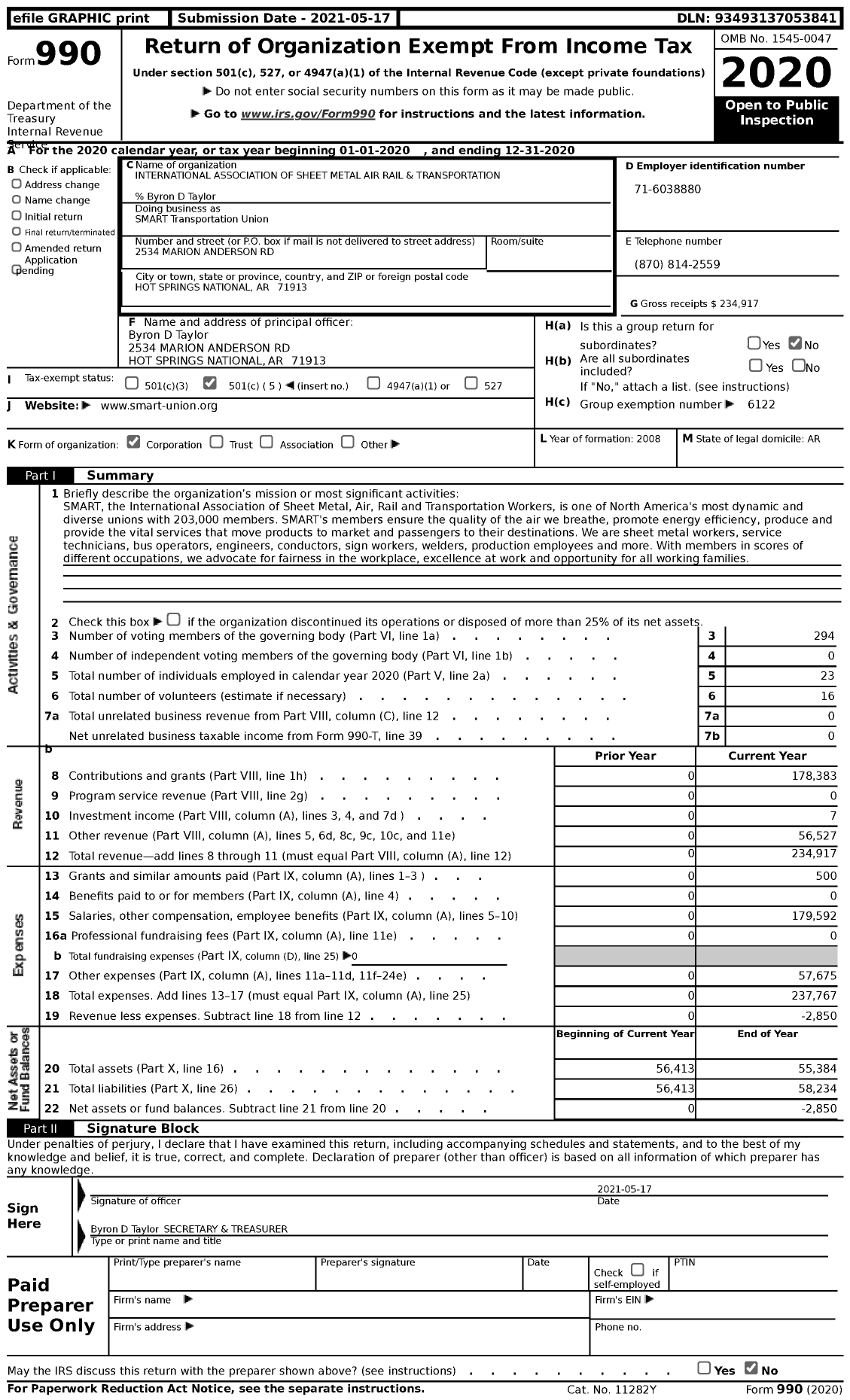 Image of first page of 2020 Form 990 for SMART Union - SMART Transportation Union