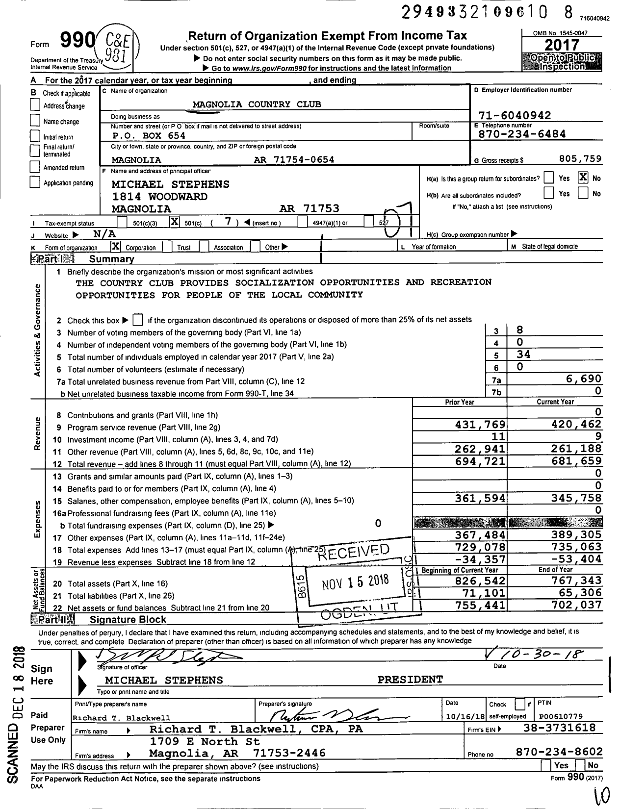 Image of first page of 2017 Form 990O for Magnolia Country Club